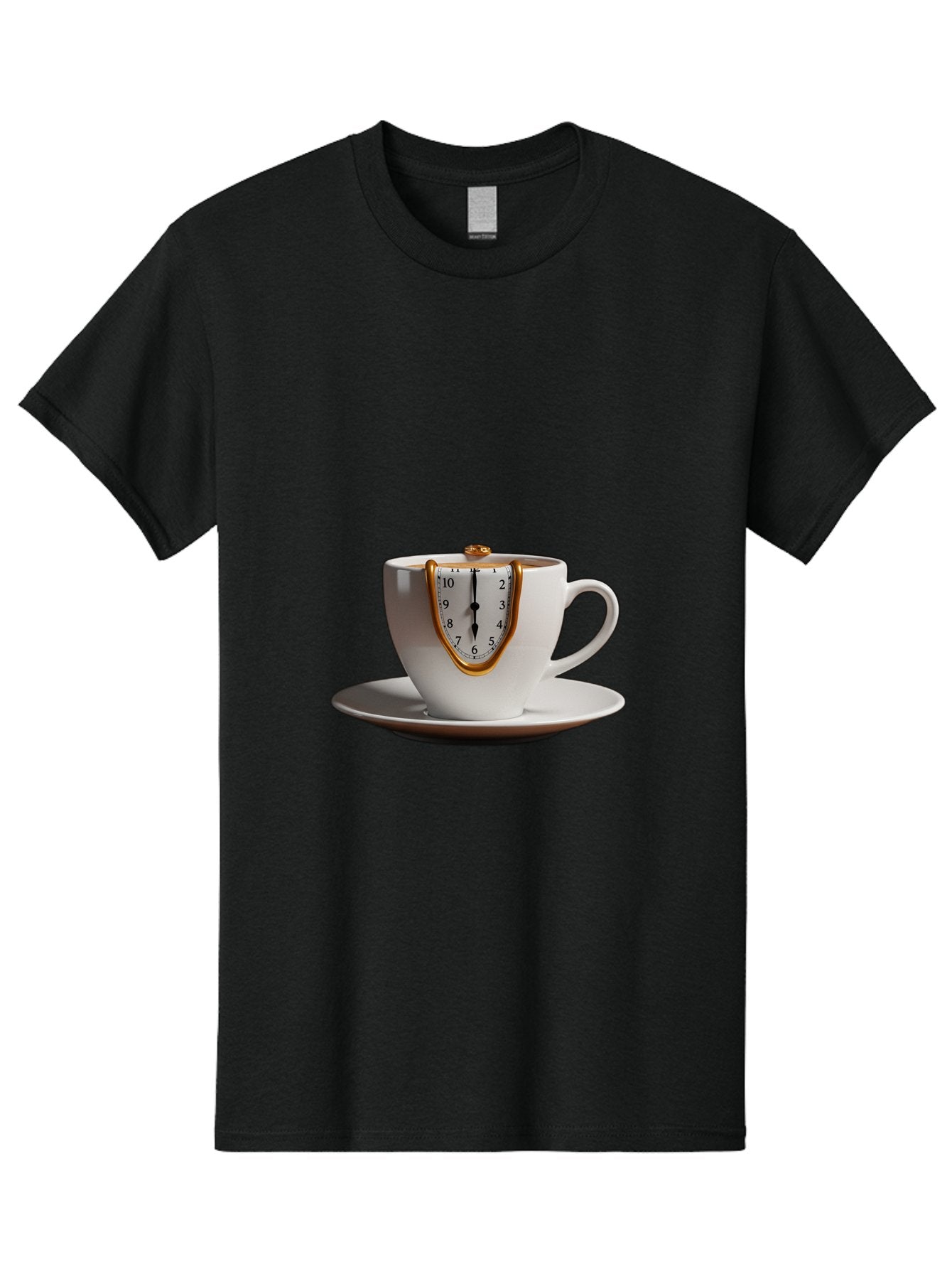 Melting-Clock-Coffee-Cup Men'S Graphic Tee, 100% Cotton, Comfortable Casual Summer Wear, Machine Washable, Surrealist Art, Melting Clock, White Porcelain Cup, Saucer, Clock Face, Salvador Dali, Gold Trim, Time Concept, Abstract Art, Bac185 7
