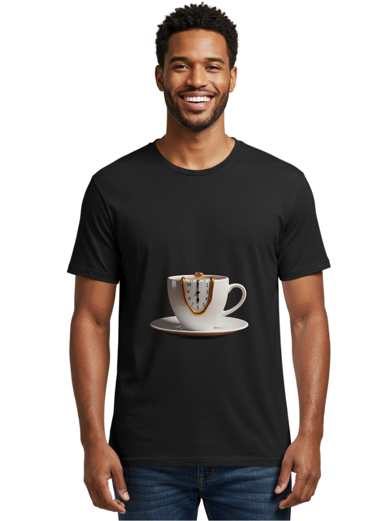 Melting-Clock-Coffee-Cup Men'S Graphic Tee, 100% Cotton, Comfortable Casual Summer Wear, Machine Washable, Surrealist Art, Melting Clock, White Porcelain Cup, Saucer, Clock Face, Salvador Dali, Gold Trim, Time Concept, Abstract Art, Bac185 16