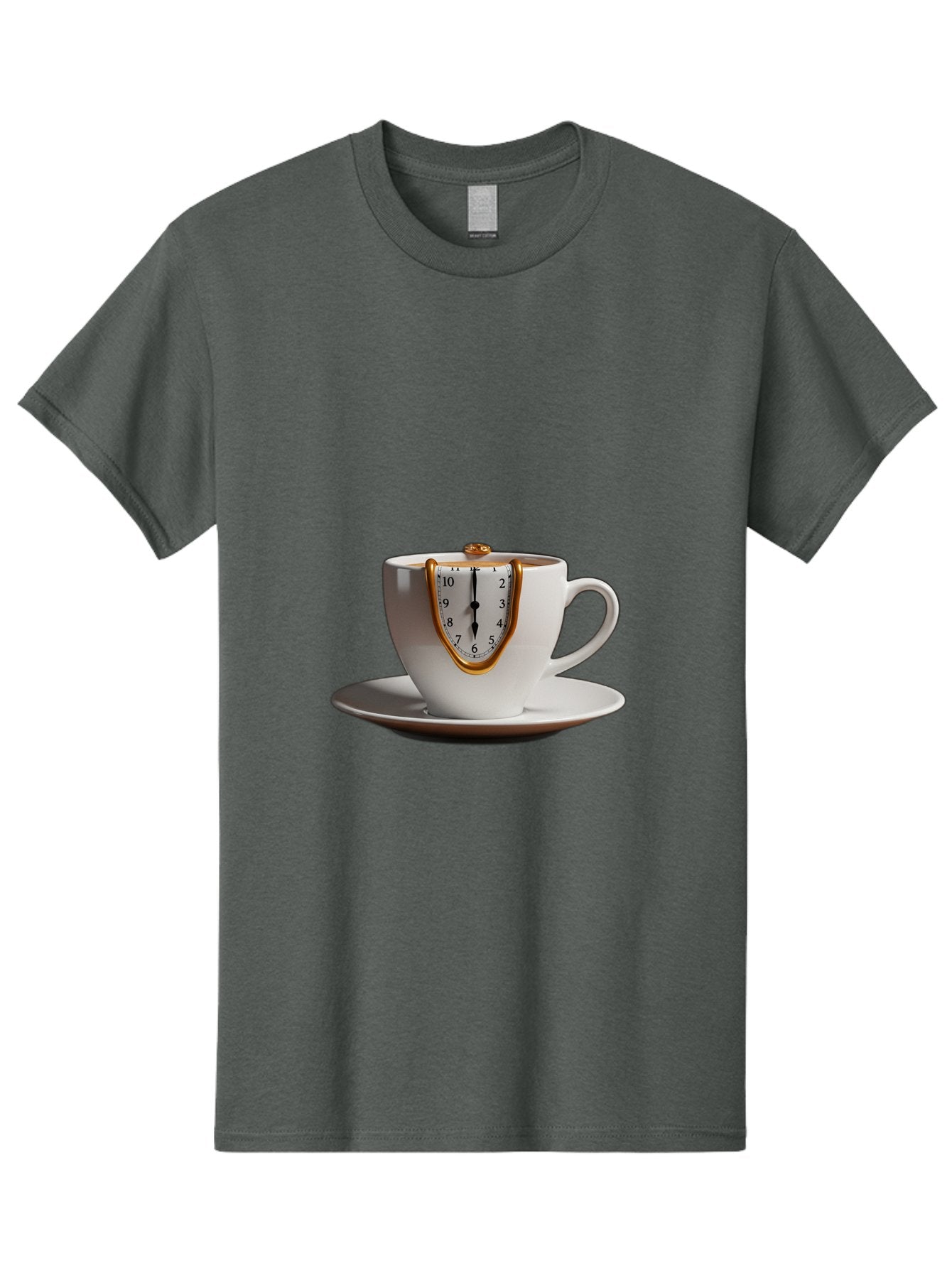 Melting-Clock-Coffee-Cup Men'S Graphic Tee, 100% Cotton, Comfortable Casual Summer Wear, Machine Washable, Surrealist Art, Melting Clock, White Porcelain Cup, Saucer, Clock Face, Salvador Dali, Gold Trim, Time Concept, Abstract Art, Bac185 15