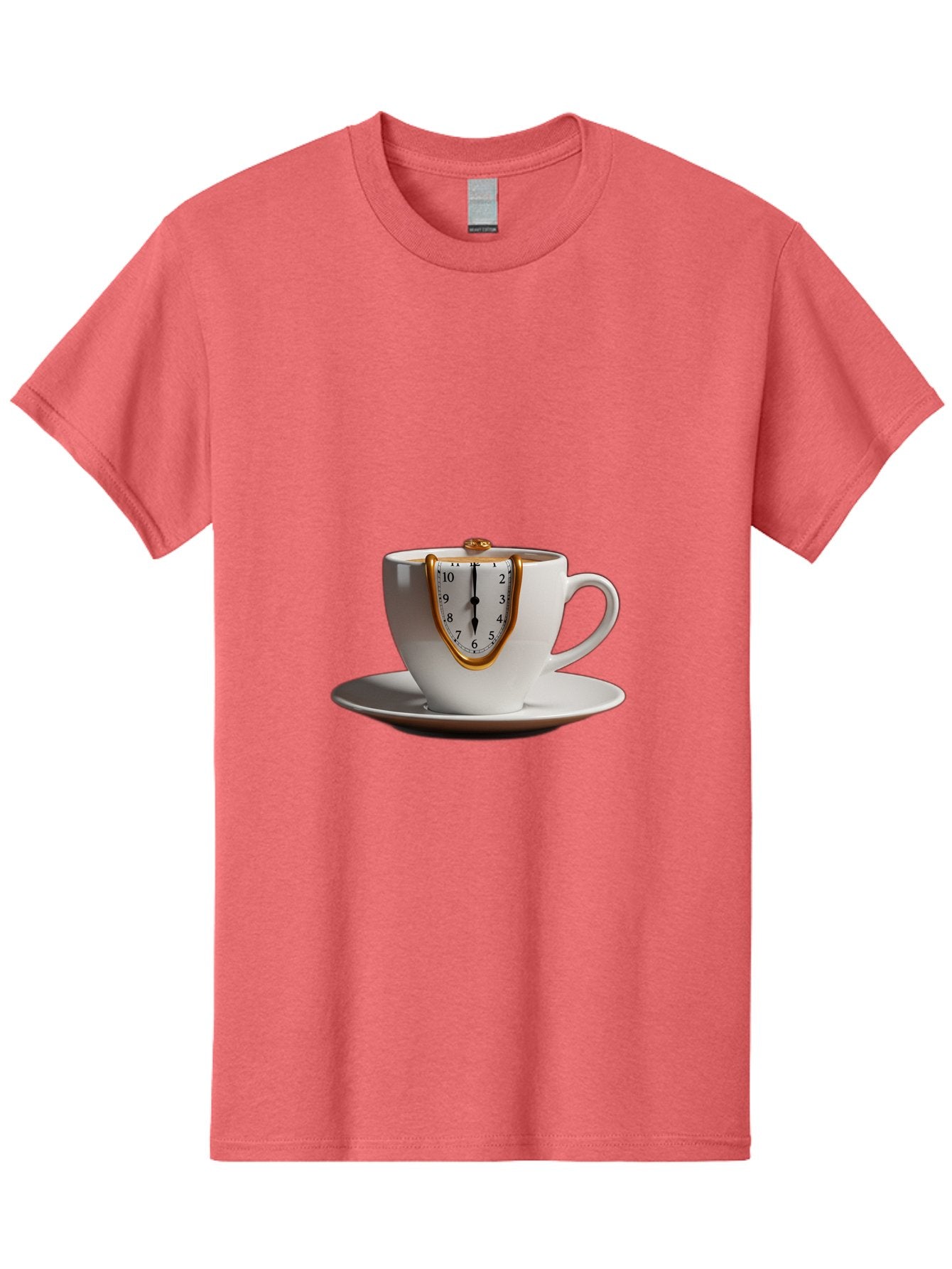 Melting-Clock-Coffee-Cup Men'S Graphic Tee, 100% Cotton, Comfortable Casual Summer Wear, Machine Washable, Surrealist Art, Melting Clock, White Porcelain Cup, Saucer, Clock Face, Salvador Dali, Gold Trim, Time Concept, Abstract Art, Bac185 3