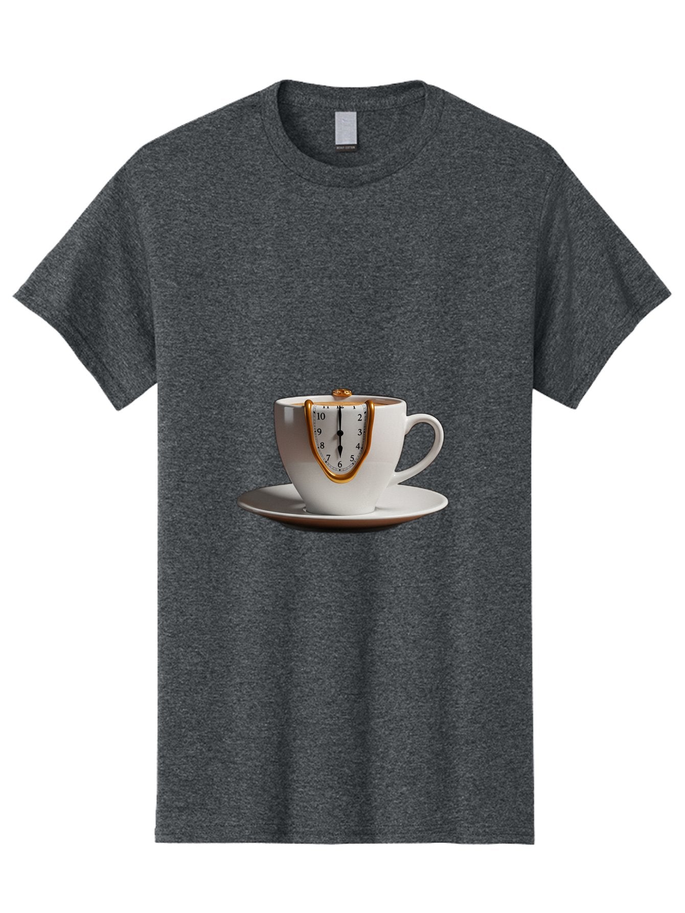 Melting-Clock-Coffee-Cup Men'S Graphic Tee, 100% Cotton, Comfortable Casual Summer Wear, Machine Washable, Surrealist Art, Melting Clock, White Porcelain Cup, Saucer, Clock Face, Salvador Dali, Gold Trim, Time Concept, Abstract Art, Bac185 10