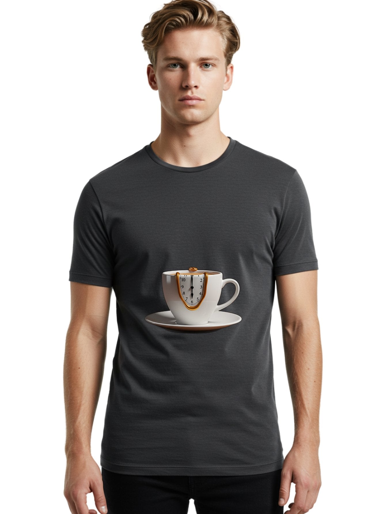 Melting-Clock-Coffee-Cup Men'S Graphic Tee, 100% Cotton, Comfortable Casual Summer Wear, Machine Washable, Surrealist Art, Melting Clock, White Porcelain Cup, Saucer, Clock Face, Salvador Dali, Gold Trim, Time Concept, Abstract Art, Bac185 17