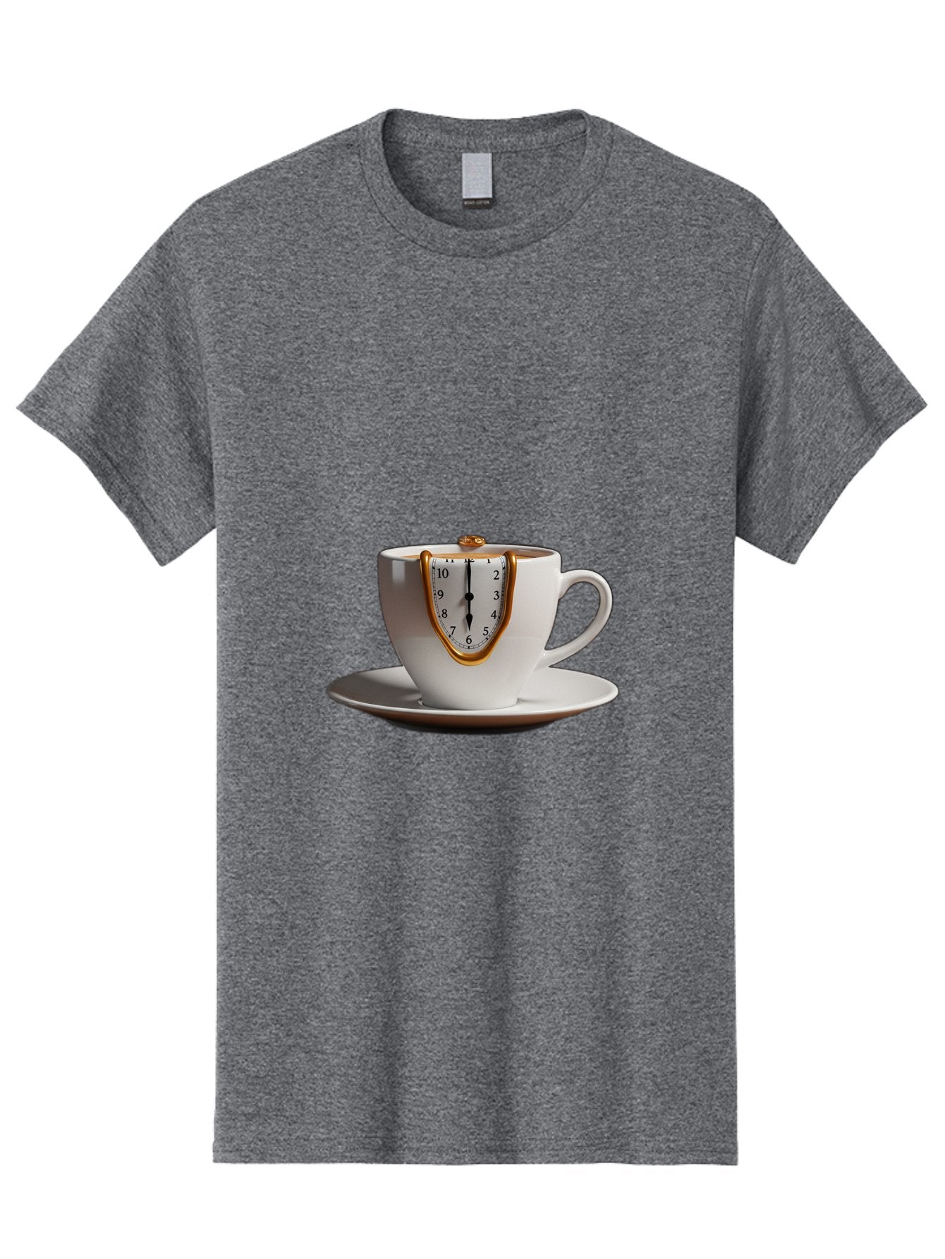 Melting-Clock-Coffee-Cup Men'S Graphic Tee, 100% Cotton, Comfortable Casual Summer Wear, Machine Washable, Surrealist Art, Melting Clock, White Porcelain Cup, Saucer, Clock Face, Salvador Dali, Gold Trim, Time Concept, Abstract Art, Bac185
