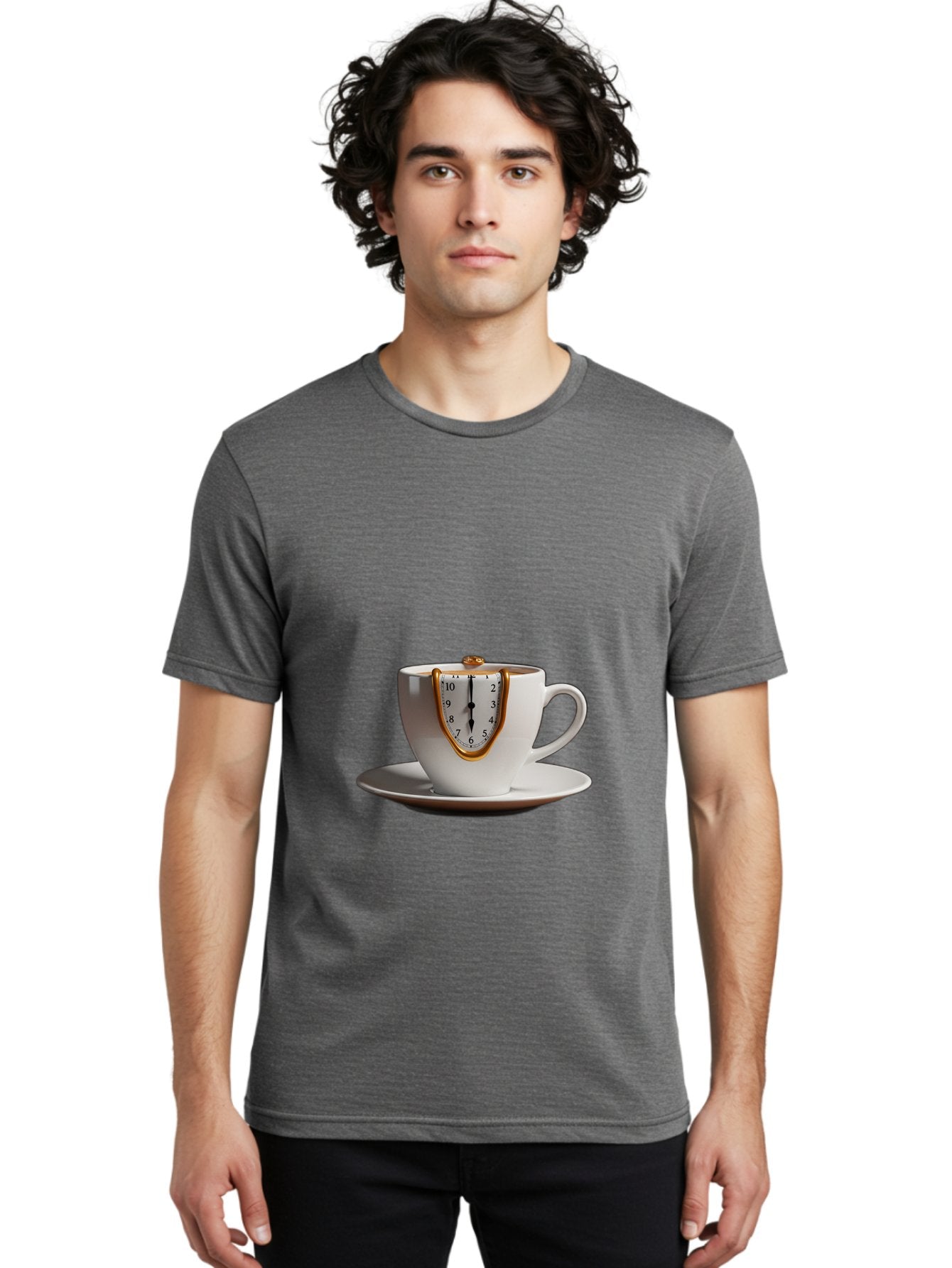Melting-Clock-Coffee-Cup Men'S Graphic Tee, 100% Cotton, Comfortable Casual Summer Wear, Machine Washable, Surrealist Art, Melting Clock, White Porcelain Cup, Saucer, Clock Face, Salvador Dali, Gold Trim, Time Concept, Abstract Art, Bac185 19