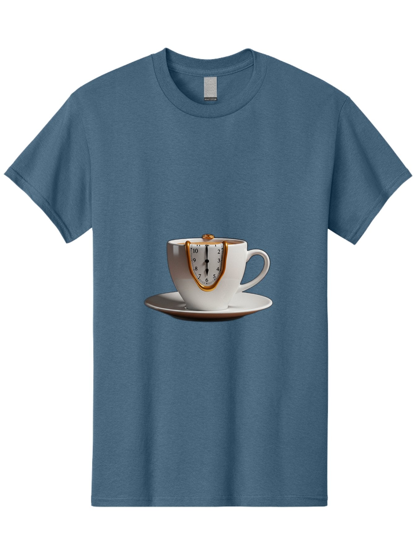Melting-Clock-Coffee-Cup Men'S Graphic Tee, 100% Cotton, Comfortable Casual Summer Wear, Machine Washable, Surrealist Art, Melting Clock, White Porcelain Cup, Saucer, Clock Face, Salvador Dali, Gold Trim, Time Concept, Abstract Art, Bac185 13