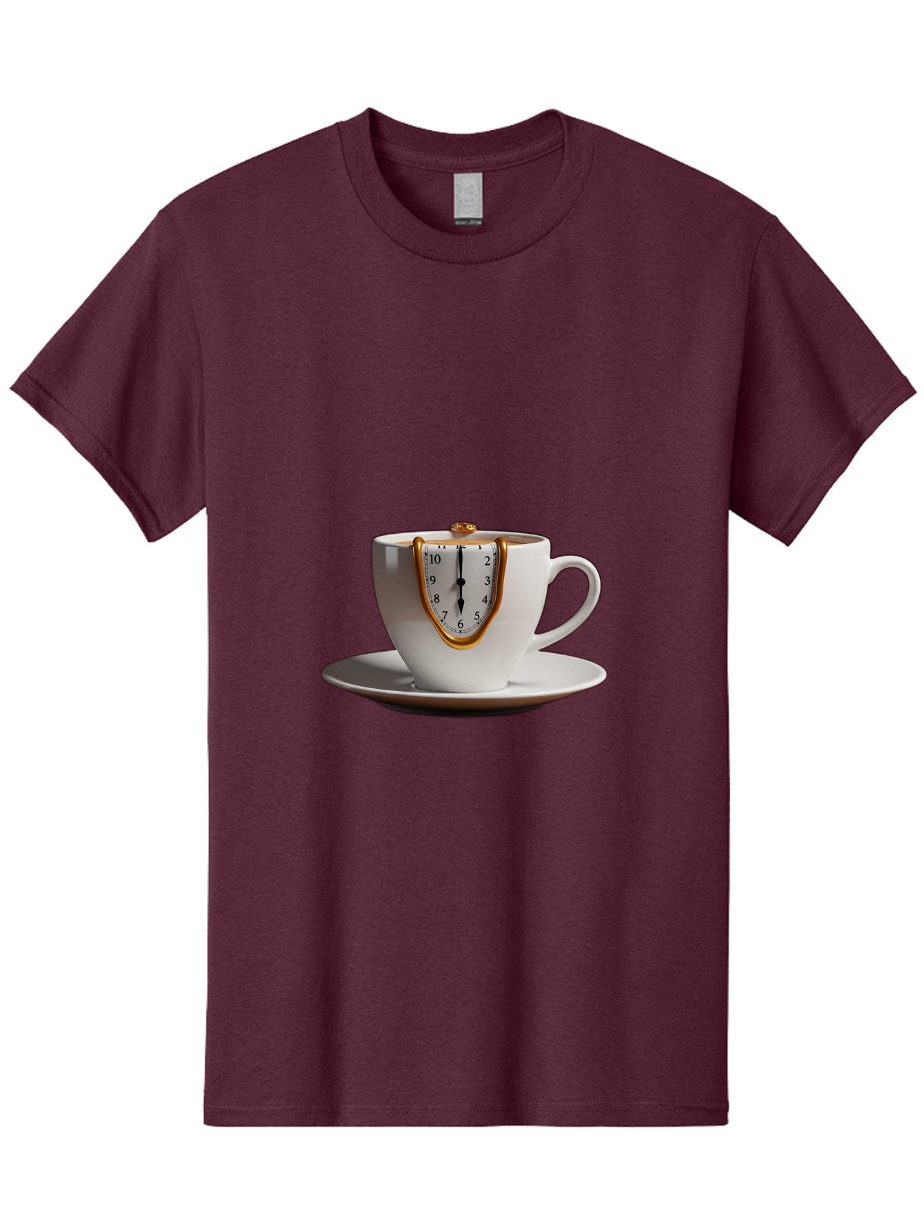 Melting-Clock-Coffee-Cup Men'S Graphic Tee, 100% Cotton, Comfortable Casual Summer Wear, Machine Washable, Surrealist Art, Melting Clock, White Porcelain Cup, Saucer, Clock Face, Salvador Dali, Gold Trim, Time Concept, Abstract Art, Bac185