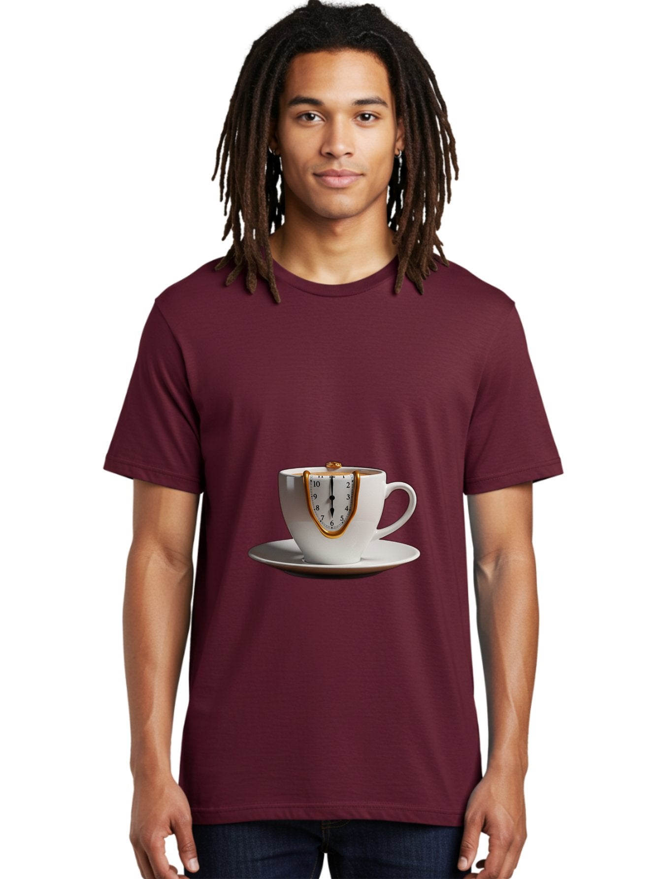 Melting-Clock-Coffee-Cup Men'S Graphic Tee, 100% Cotton, Comfortable Casual Summer Wear, Machine Washable, Surrealist Art, Melting Clock, White Porcelain Cup, Saucer, Clock Face, Salvador Dali, Gold Trim, Time Concept, Abstract Art, Bac185 21