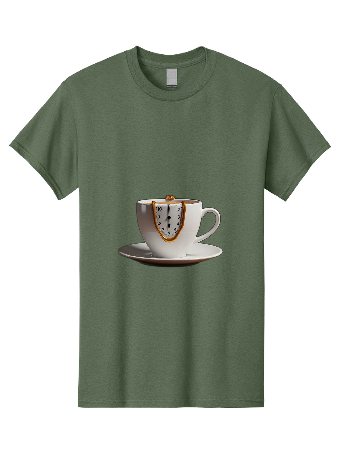 Melting-Clock-Coffee-Cup Men'S Graphic Tee, 100% Cotton, Comfortable Casual Summer Wear, Machine Washable, Surrealist Art, Melting Clock, White Porcelain Cup, Saucer, Clock Face, Salvador Dali, Gold Trim, Time Concept, Abstract Art, Bac185 8