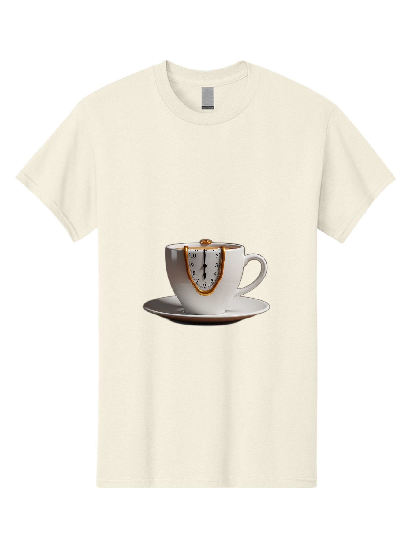 Melting-Clock-Coffee-Cup Men'S Graphic Tee, 100% Cotton, Comfortable Casual Summer Wear, Machine Washable, Surrealist Art, Melting Clock, White Porcelain Cup, Saucer, Clock Face, Salvador Dali, Gold Trim, Time Concept, Abstract Art, Bac185 9