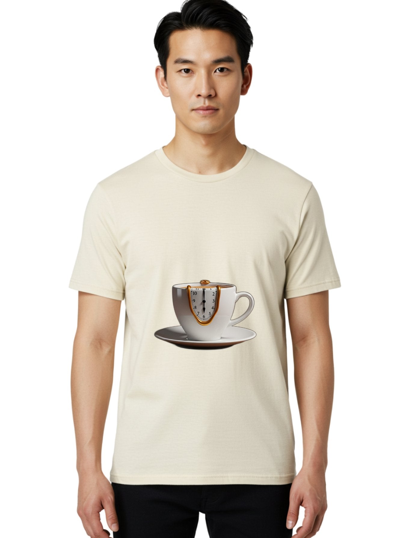 Melting-Clock-Coffee-Cup Men'S Graphic Tee, 100% Cotton, Comfortable Casual Summer Wear, Machine Washable, Surrealist Art, Melting Clock, White Porcelain Cup, Saucer, Clock Face, Salvador Dali, Gold Trim, Time Concept, Abstract Art, Bac185 26