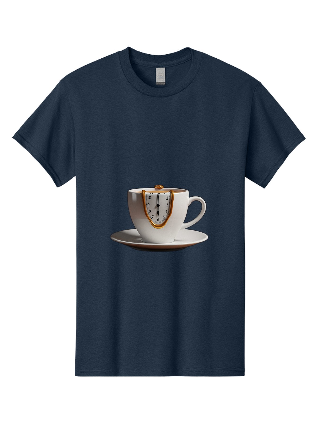 Melting-Clock-Coffee-Cup Men'S Graphic Tee, 100% Cotton, Comfortable Casual Summer Wear, Machine Washable, Surrealist Art, Melting Clock, White Porcelain Cup, Saucer, Clock Face, Salvador Dali, Gold Trim, Time Concept, Abstract Art, Bac185 5