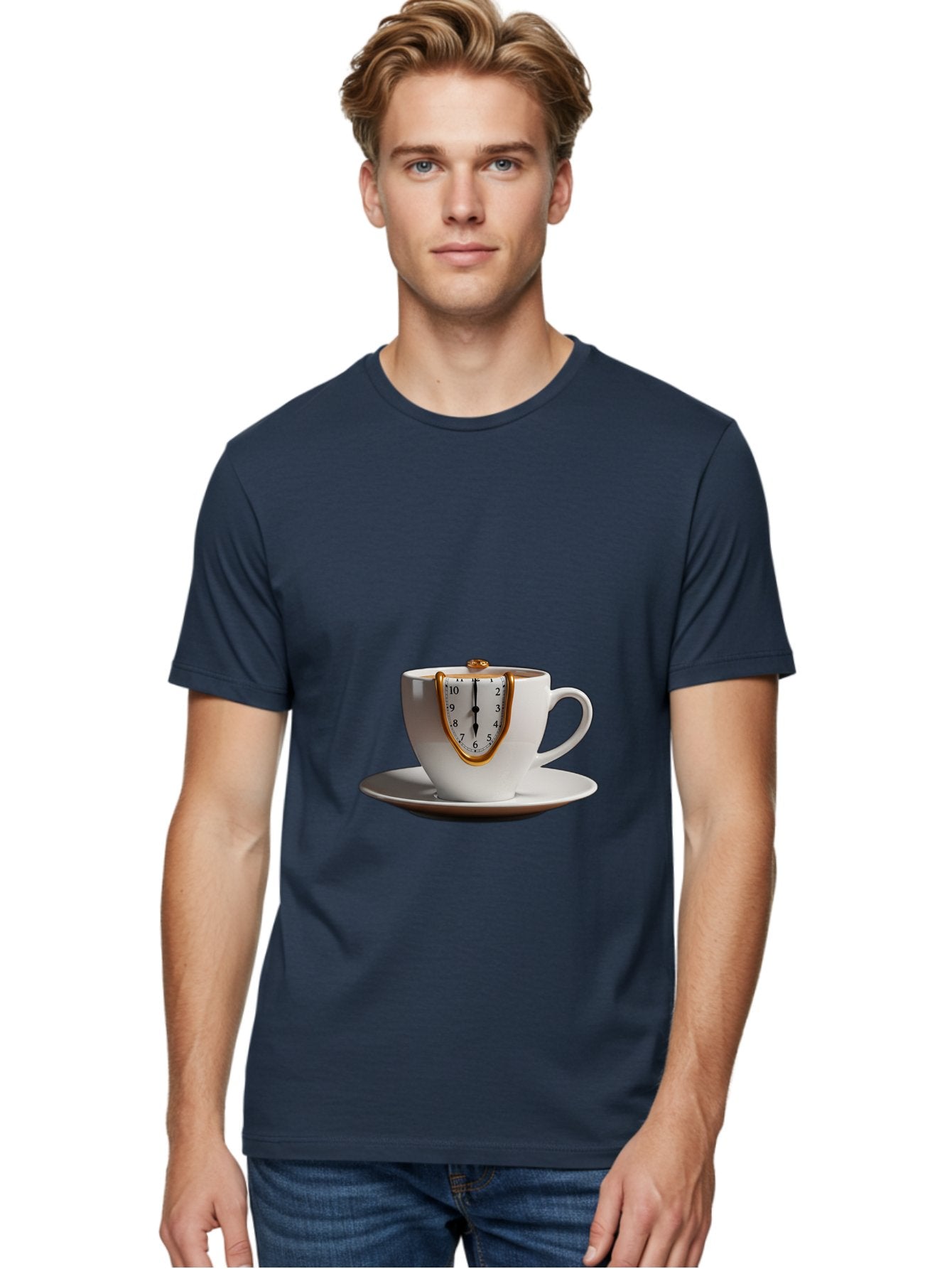 Melting-Clock-Coffee-Cup Men'S Graphic Tee, 100% Cotton, Comfortable Casual Summer Wear, Machine Washable, Surrealist Art, Melting Clock, White Porcelain Cup, Saucer, Clock Face, Salvador Dali, Gold Trim, Time Concept, Abstract Art, Bac185 23