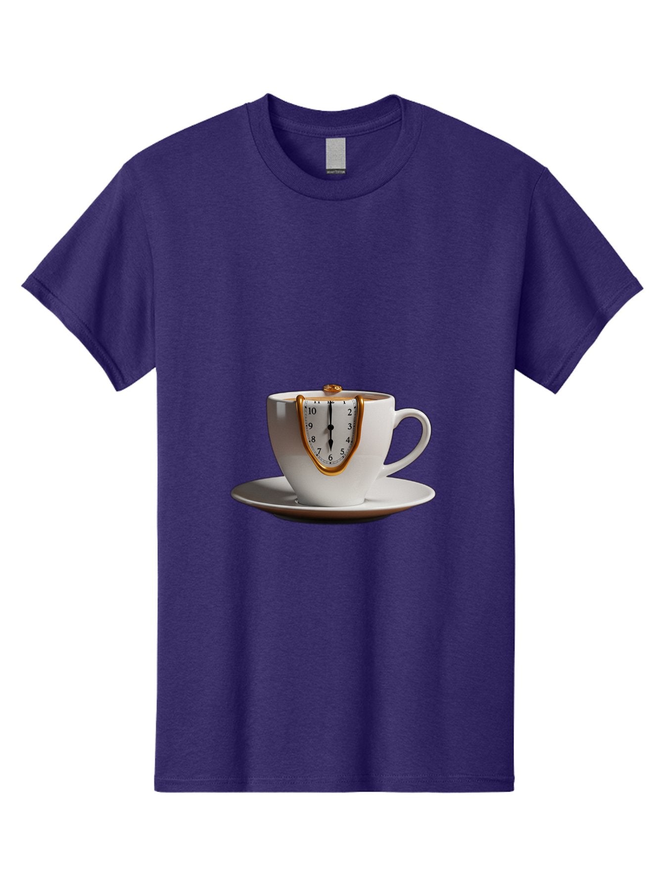 Melting-Clock-Coffee-Cup Men'S Graphic Tee, 100% Cotton, Comfortable Casual Summer Wear, Machine Washable, Surrealist Art, Melting Clock, White Porcelain Cup, Saucer, Clock Face, Salvador Dali, Gold Trim, Time Concept, Abstract Art, Bac185 4
