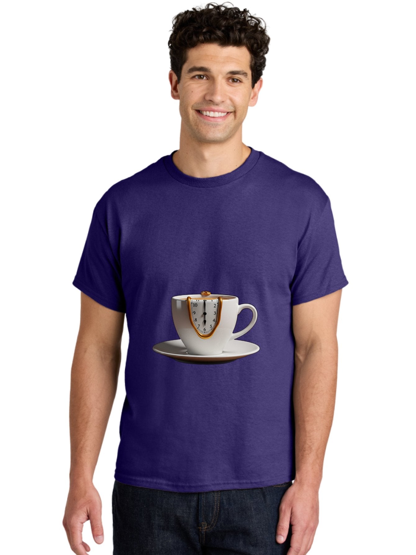 Melting-Clock-Coffee-Cup Men'S Graphic Tee, 100% Cotton, Comfortable Casual Summer Wear, Machine Washable, Surrealist Art, Melting Clock, White Porcelain Cup, Saucer, Clock Face, Salvador Dali, Gold Trim, Time Concept, Abstract Art, Bac185 18
