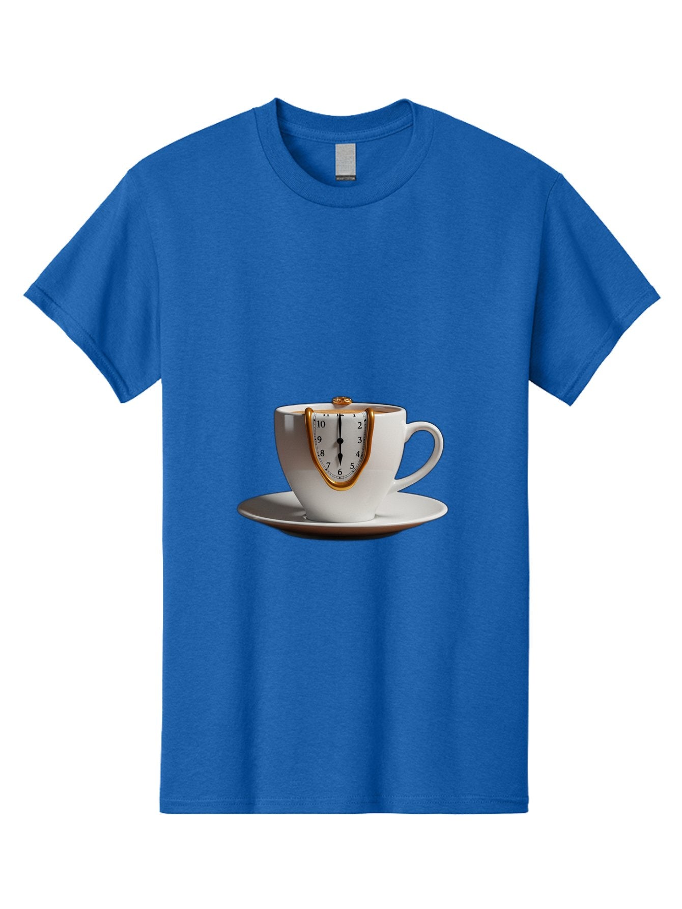 Melting-Clock-Coffee-Cup Men'S Graphic Tee, 100% Cotton, Comfortable Casual Summer Wear, Machine Washable, Surrealist Art, Melting Clock, White Porcelain Cup, Saucer, Clock Face, Salvador Dali, Gold Trim, Time Concept, Abstract Art, Bac185 12