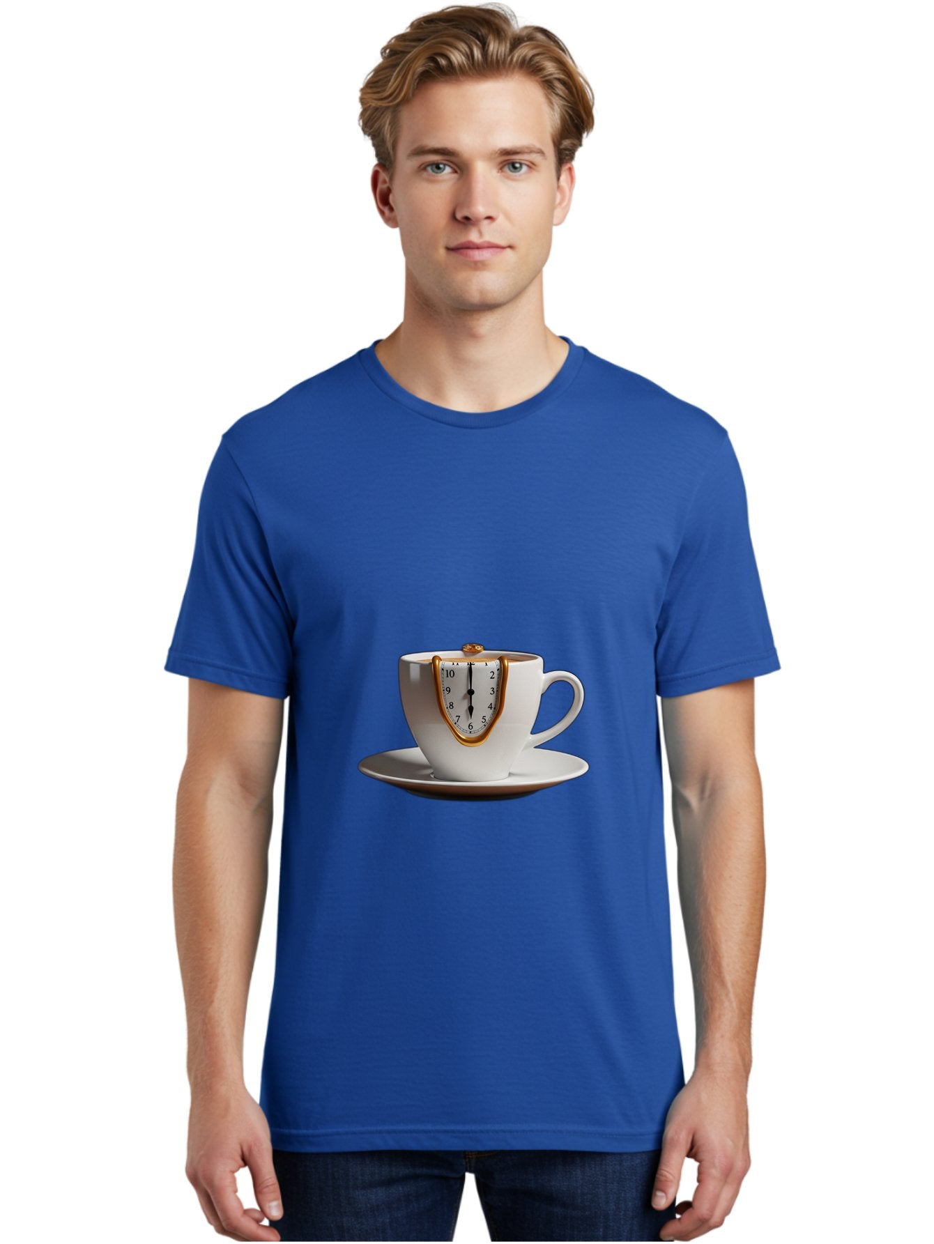 Melting-Clock-Coffee-Cup Men'S Graphic Tee, 100% Cotton, Comfortable Casual Summer Wear, Machine Washable, Surrealist Art, Melting Clock, White Porcelain Cup, Saucer, Clock Face, Salvador Dali, Gold Trim, Time Concept, Abstract Art, Bac185 28