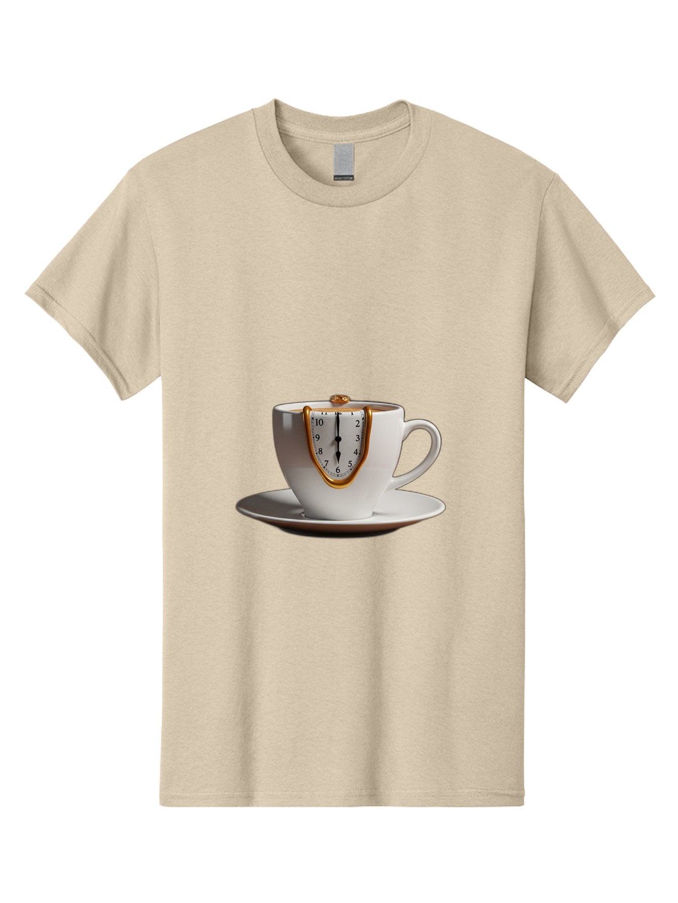Melting-Clock-Coffee-Cup Men'S Graphic Tee, 100% Cotton, Comfortable Casual Summer Wear, Machine Washable, Surrealist Art, Melting Clock, White Porcelain Cup, Saucer, Clock Face, Salvador Dali, Gold Trim, Time Concept, Abstract Art, Bac185 14