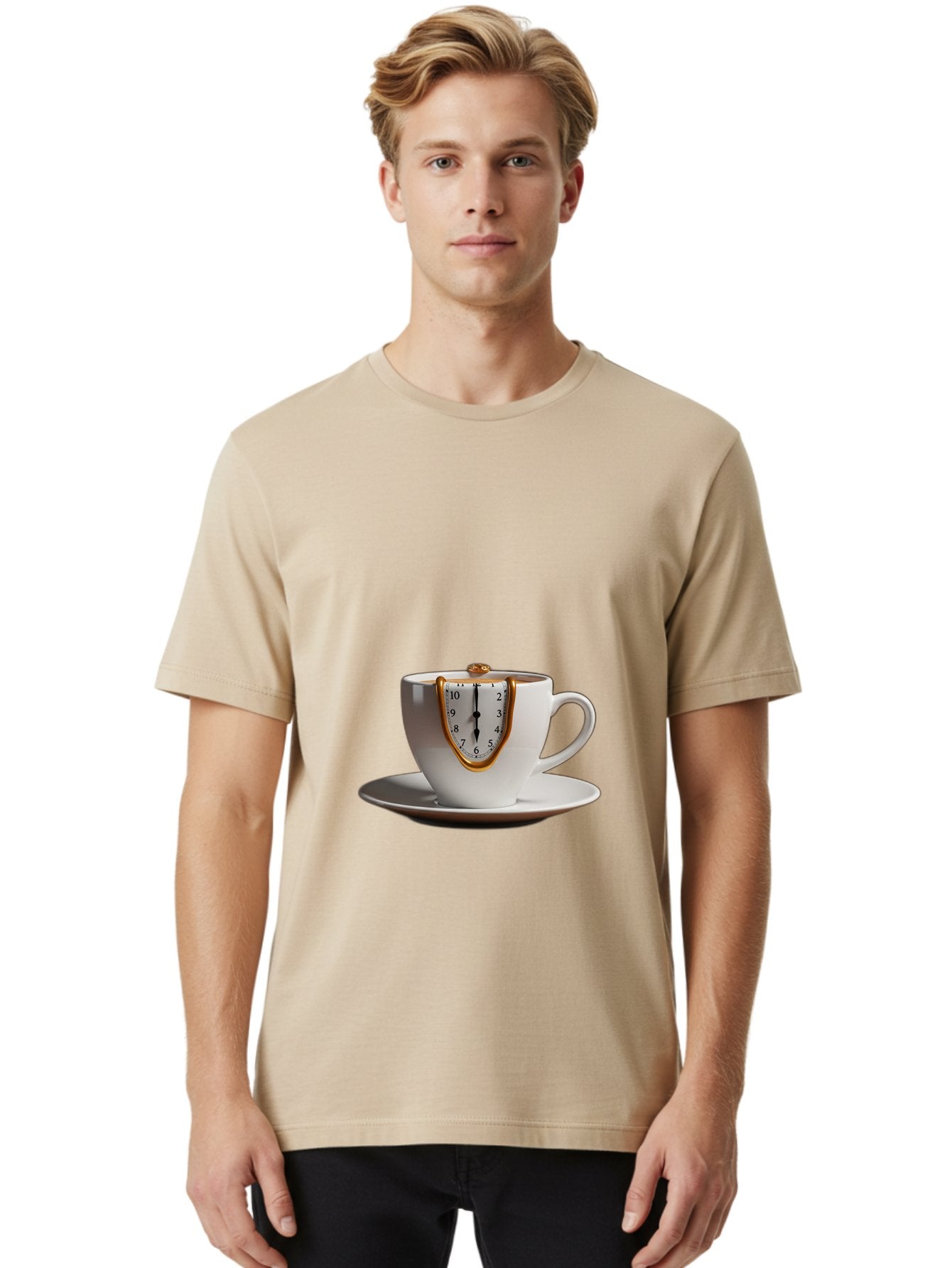 Melting-Clock-Coffee-Cup Men'S Graphic Tee, 100% Cotton, Comfortable Casual Summer Wear, Machine Washable, Surrealist Art, Melting Clock, White Porcelain Cup, Saucer, Clock Face, Salvador Dali, Gold Trim, Time Concept, Abstract Art, Bac185 29