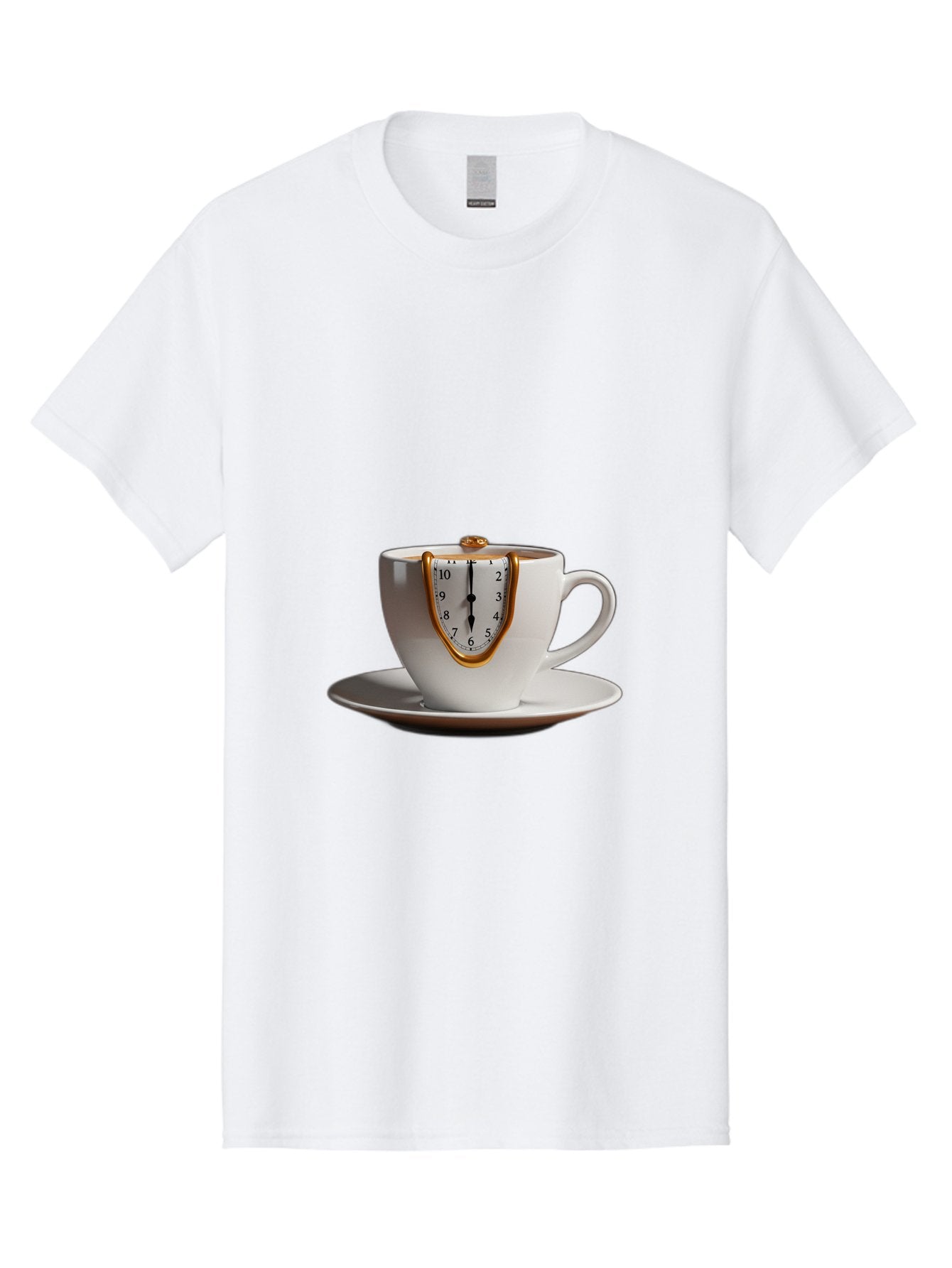 Melting-Clock-Coffee-Cup Men'S Graphic Tee, 100% Cotton, Comfortable Casual Summer Wear, Machine Washable, Surrealist Art, Melting Clock, White Porcelain Cup, Saucer, Clock Face, Salvador Dali, Gold Trim, Time Concept, Abstract Art, Bac185 6