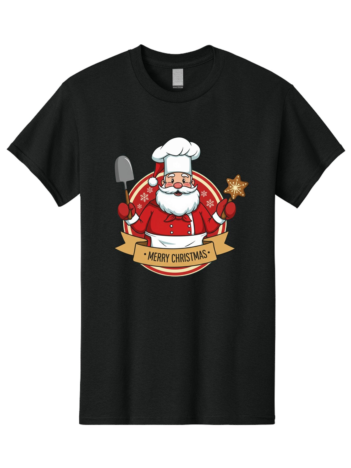 Merry-Christmas-Santa-1 Men'S Graphic Tee, 100% Cotton, Comfortable Casual Summer Wear, Machine Washable, Santa Claus As A Chef, Merry Christmas Banner, Gingerbread Star, Red And White Uniform, Snowflakes, Holiday Baking, Festive Season, Bac186 3