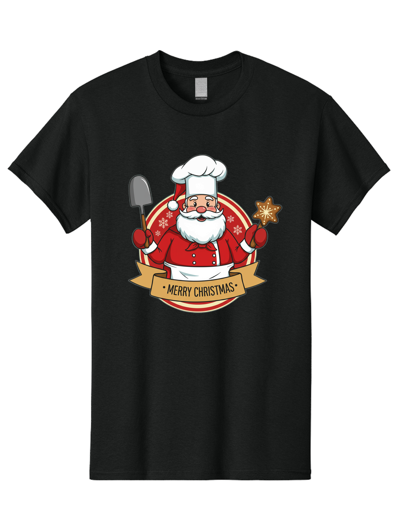 Merry-Christmas-Santa-1 Men'S Graphic Tee, 100% Cotton, Comfortable Casual Summer Wear, Machine Washable, Santa Claus As A Chef, Merry Christmas Banner, Gingerbread Star, Red And White Uniform, Snowflakes, Holiday Baking, Festive Season, Bac186 9