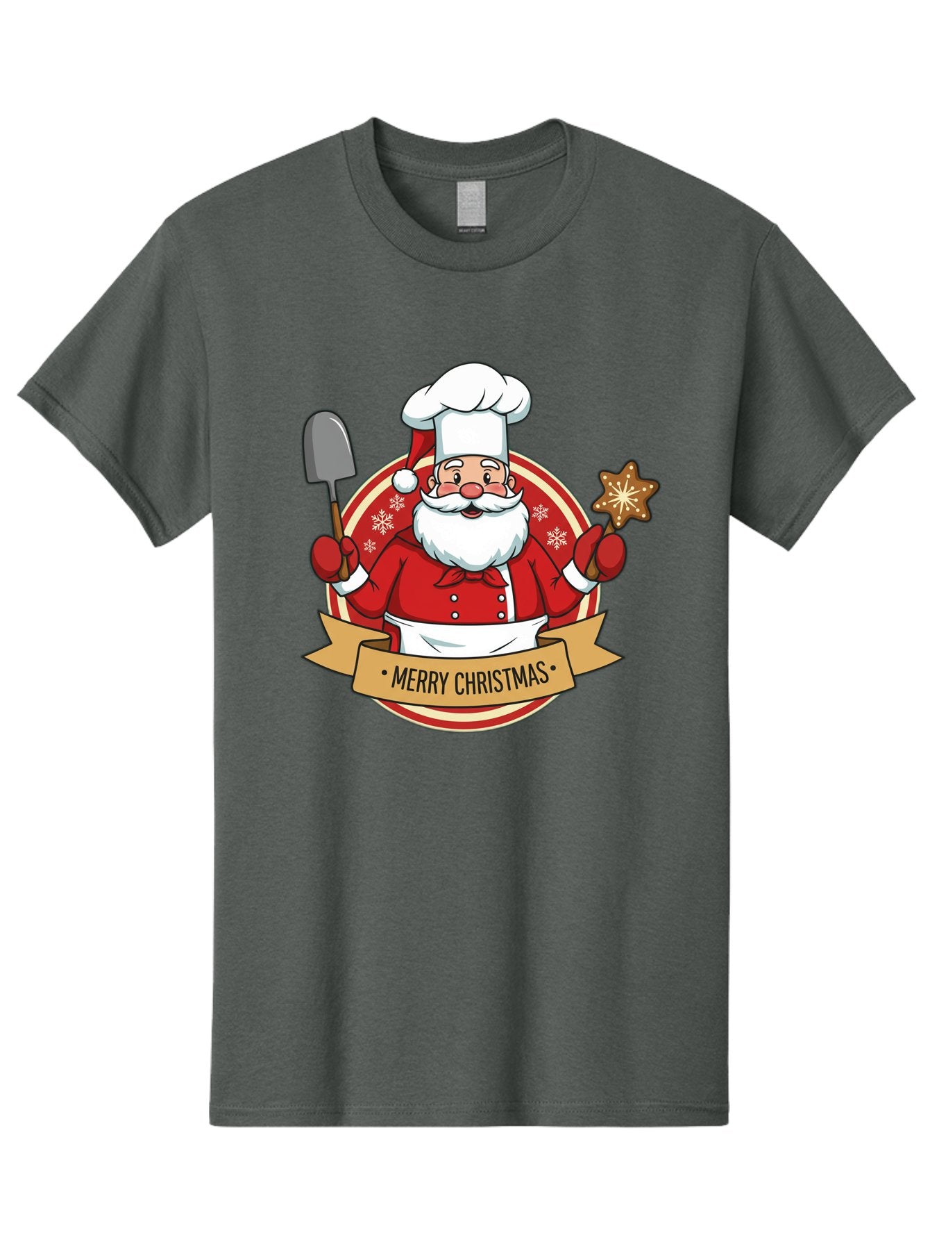 Merry-Christmas-Santa-1 Men'S Graphic Tee, 100% Cotton, Comfortable Casual Summer Wear, Machine Washable, Santa Claus As A Chef, Merry Christmas Banner, Gingerbread Star, Red And White Uniform, Snowflakes, Holiday Baking, Festive Season, Bac186 15