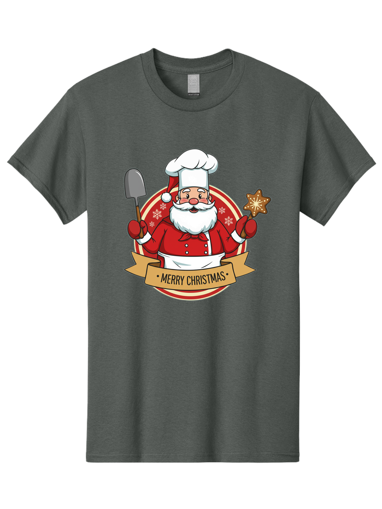 Merry-Christmas-Santa-1 Men'S Graphic Tee, 100% Cotton, Comfortable Casual Summer Wear, Machine Washable, Santa Claus As A Chef, Merry Christmas Banner, Gingerbread Star, Red And White Uniform, Snowflakes, Holiday Baking, Festive Season, Bac186