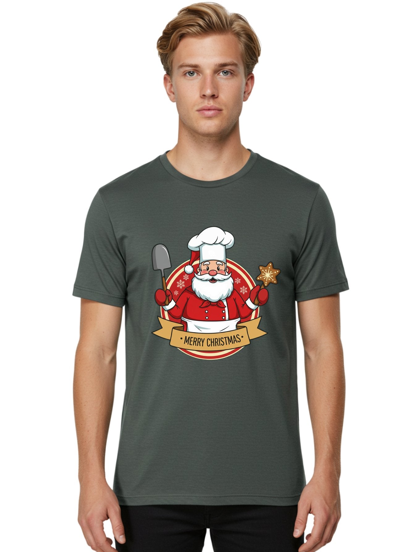 Merry-Christmas-Santa-1 Men'S Graphic Tee, 100% Cotton, Comfortable Casual Summer Wear, Machine Washable, Santa Claus As A Chef, Merry Christmas Banner, Gingerbread Star, Red And White Uniform, Snowflakes, Holiday Baking, Festive Season, Bac186 30