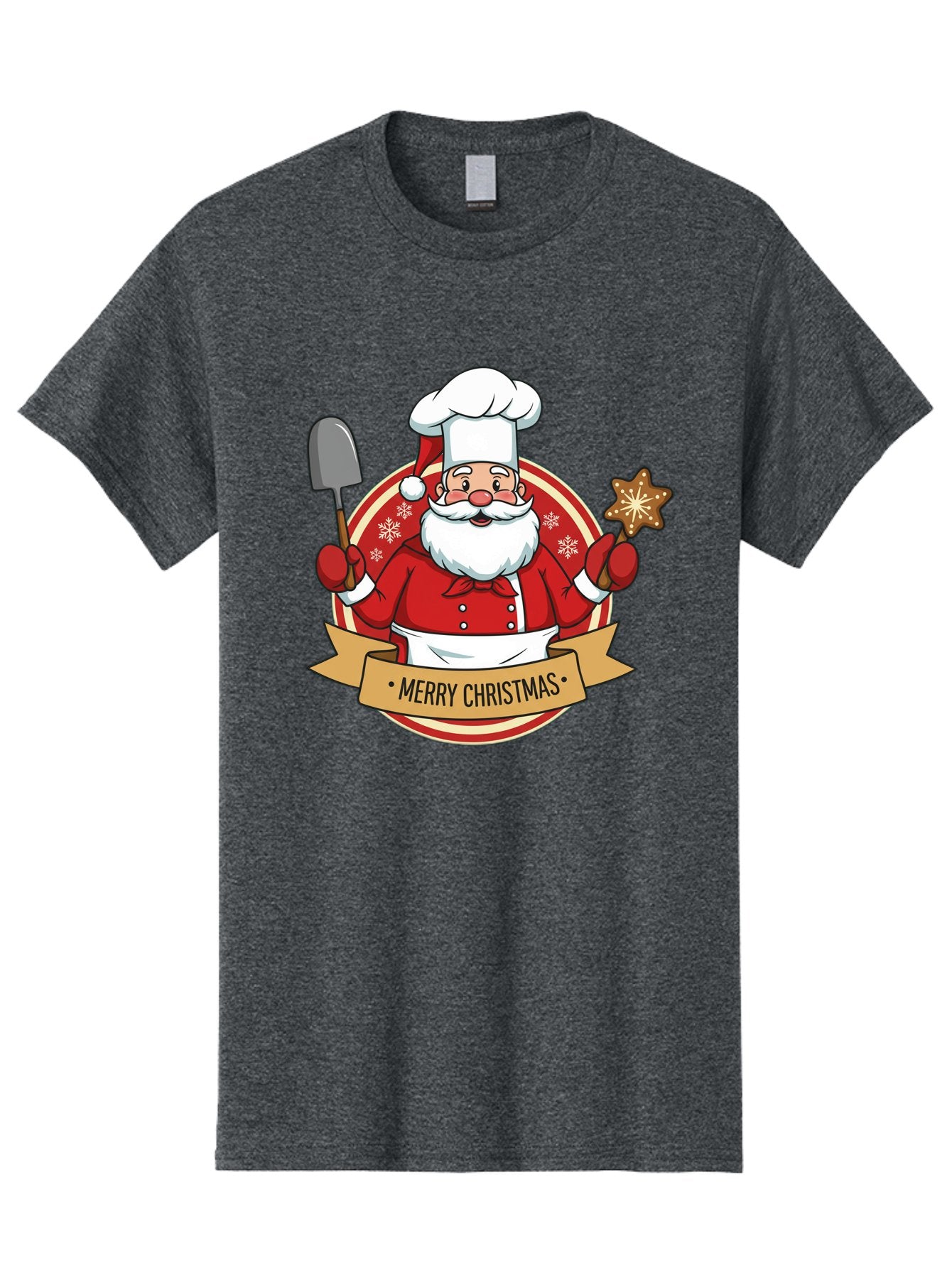 Merry-Christmas-Santa-1 Men'S Graphic Tee, 100% Cotton, Comfortable Casual Summer Wear, Machine Washable, Santa Claus As A Chef, Merry Christmas Banner, Gingerbread Star, Red And White Uniform, Snowflakes, Holiday Baking, Festive Season, Bac186 12