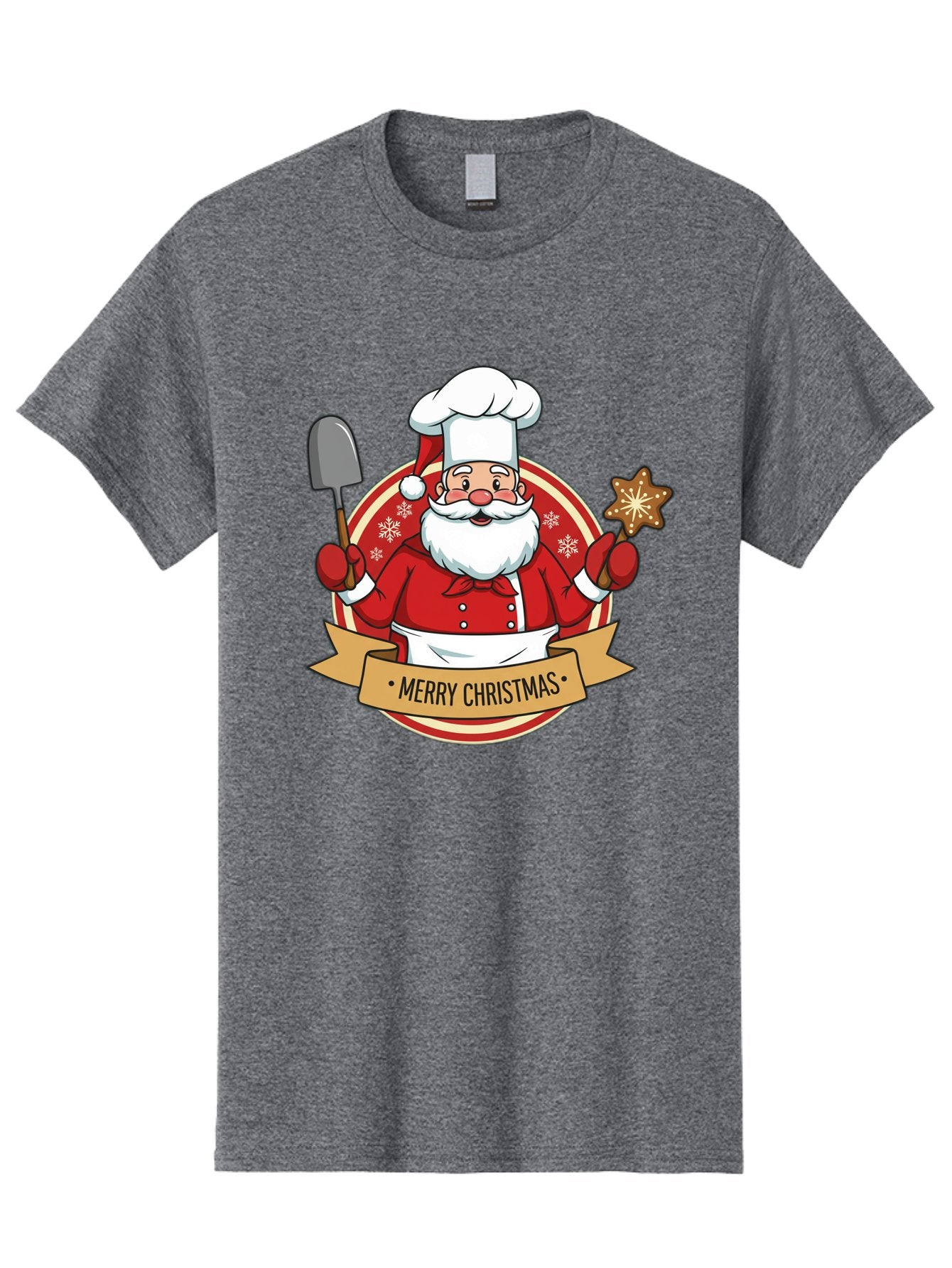 Merry-Christmas-Santa-1 Men'S Graphic Tee, 100% Cotton, Comfortable Casual Summer Wear, Machine Washable, Santa Claus As A Chef, Merry Christmas Banner, Gingerbread Star, Red And White Uniform, Snowflakes, Holiday Baking, Festive Season, Bac186 6