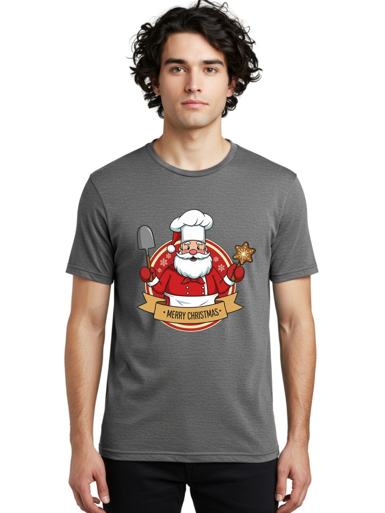 Merry-Christmas-Santa-1 Men'S Graphic Tee, 100% Cotton, Comfortable Casual Summer Wear, Machine Washable, Santa Claus As A Chef, Merry Christmas Banner, Gingerbread Star, Red And White Uniform, Snowflakes, Holiday Baking, Festive Season, Bac186 24
