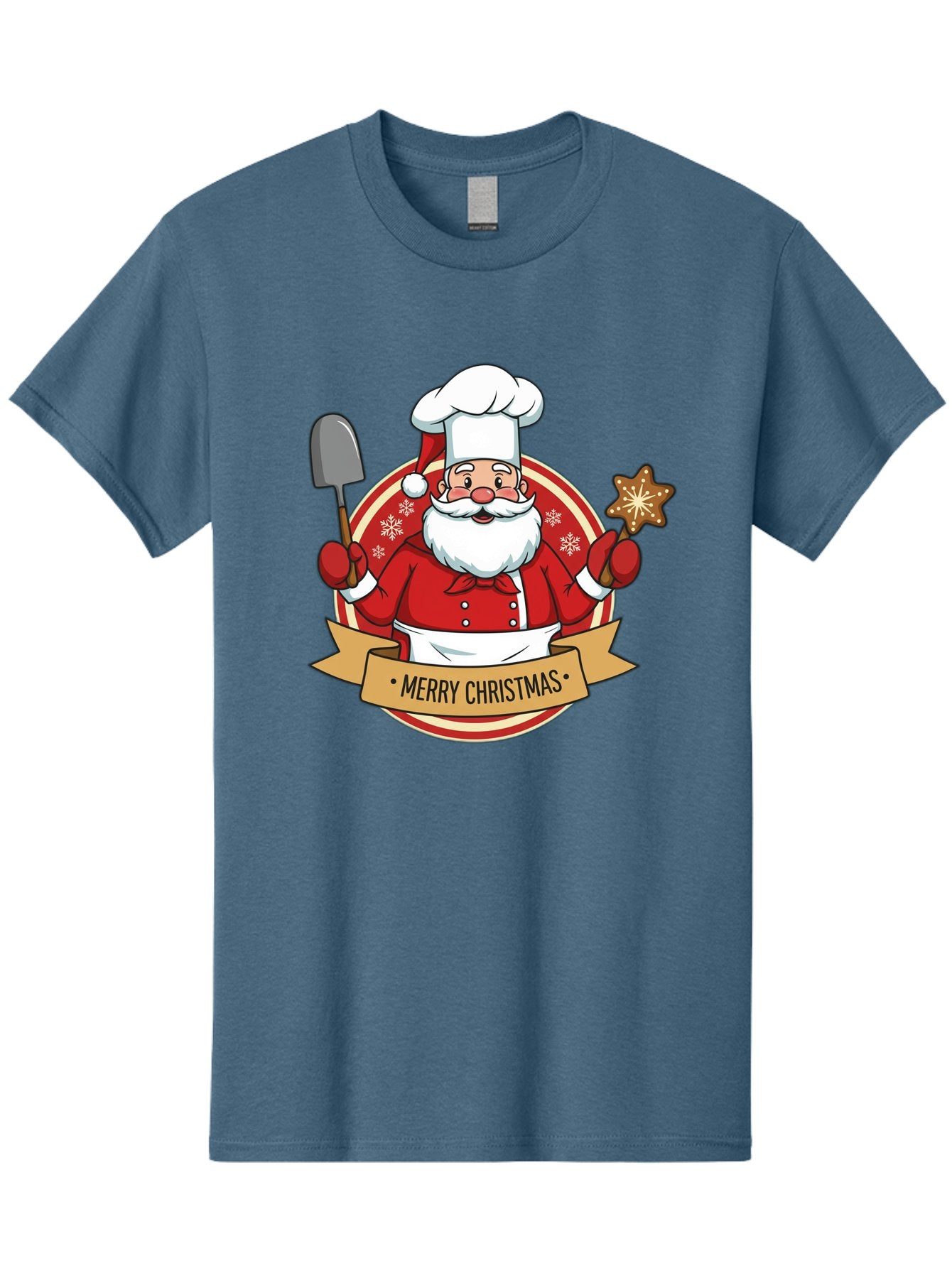 Merry-Christmas-Santa-1 Men'S Graphic Tee, 100% Cotton, Comfortable Casual Summer Wear, Machine Washable, Santa Claus As A Chef, Merry Christmas Banner, Gingerbread Star, Red And White Uniform, Snowflakes, Holiday Baking, Festive Season, Bac186 9