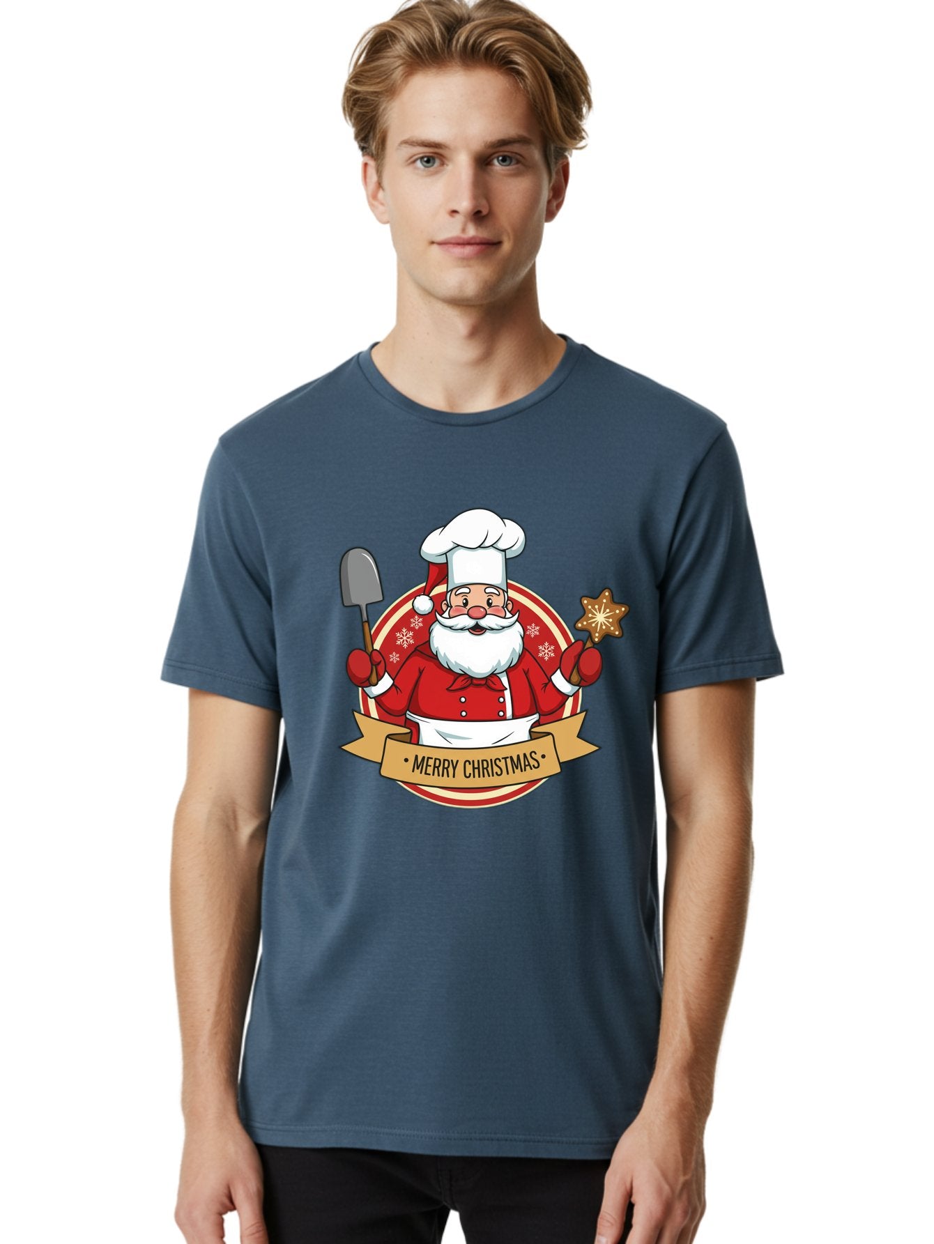 Merry-Christmas-Santa-1 Men'S Graphic Tee, 100% Cotton, Comfortable Casual Summer Wear, Machine Washable, Santa Claus As A Chef, Merry Christmas Banner, Gingerbread Star, Red And White Uniform, Snowflakes, Holiday Baking, Festive Season, Bac186 26
