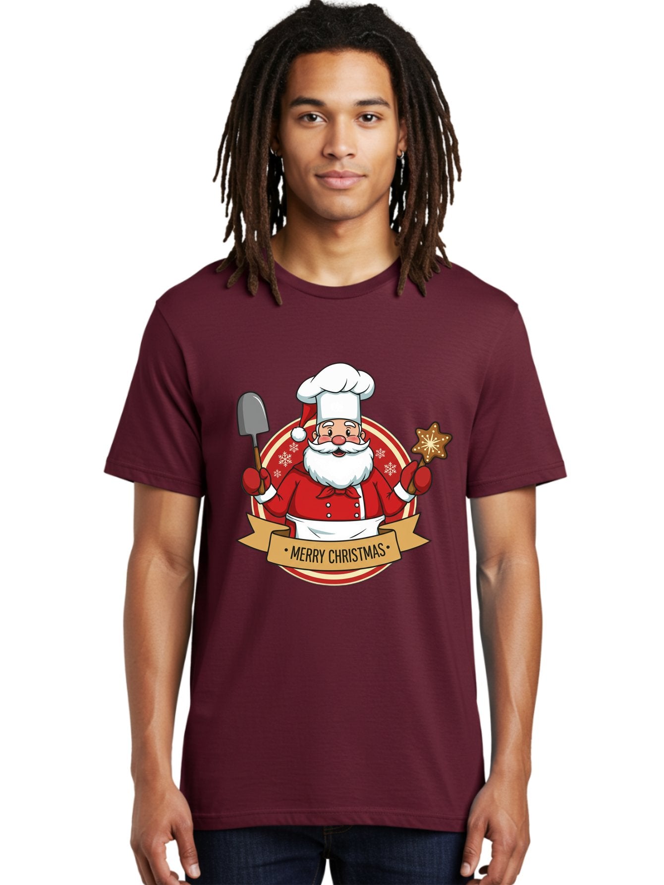 Merry-Christmas-Santa-1 Men'S Graphic Tee, 100% Cotton, Comfortable Casual Summer Wear, Machine Washable, Santa Claus As A Chef, Merry Christmas Banner, Gingerbread Star, Red And White Uniform, Snowflakes, Holiday Baking, Festive Season, Bac186 21