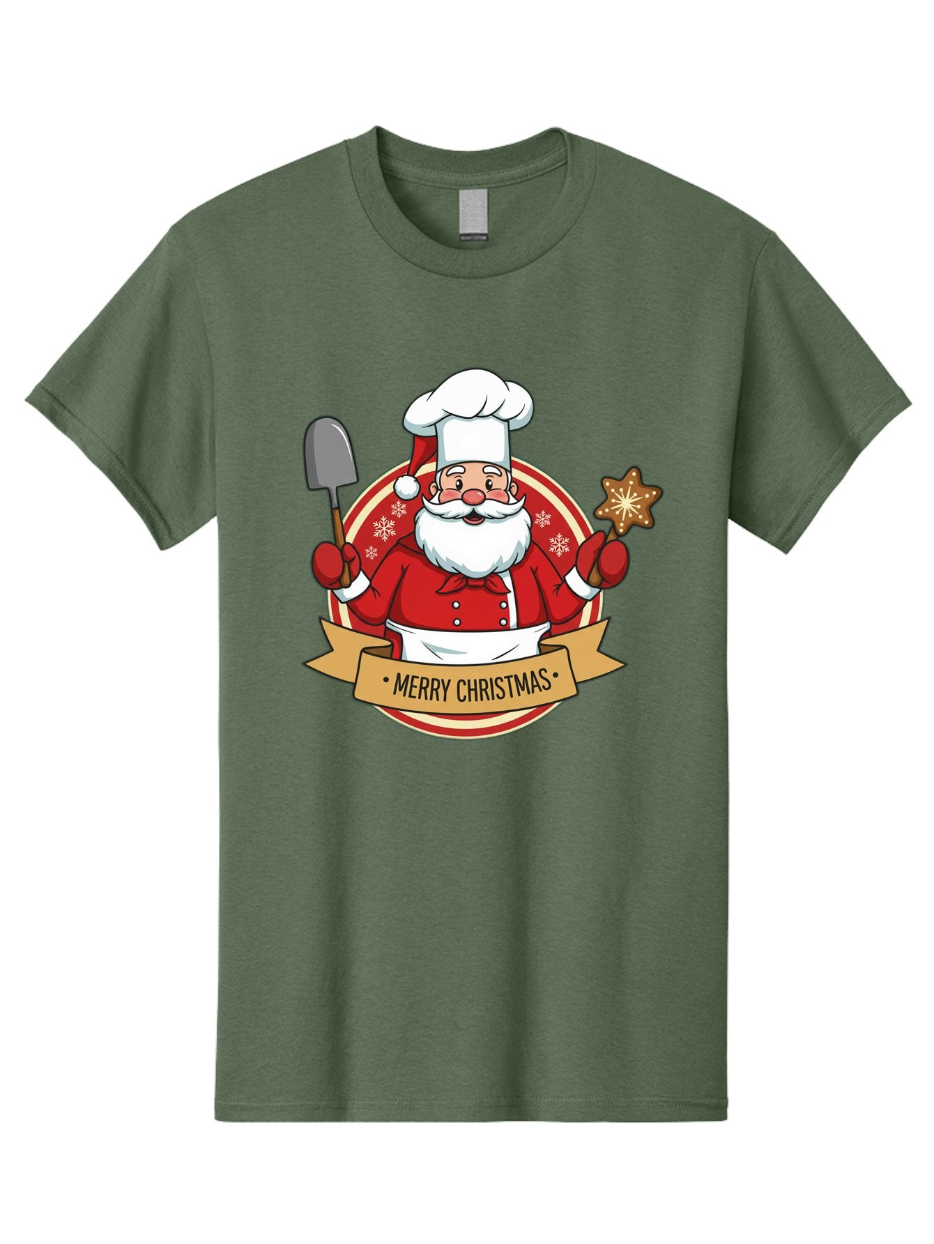 Merry-Christmas-Santa-1 Men'S Graphic Tee, 100% Cotton, Comfortable Casual Summer Wear, Machine Washable, Santa Claus As A Chef, Merry Christmas Banner, Gingerbread Star, Red And White Uniform, Snowflakes, Holiday Baking, Festive Season, Bac186 14
