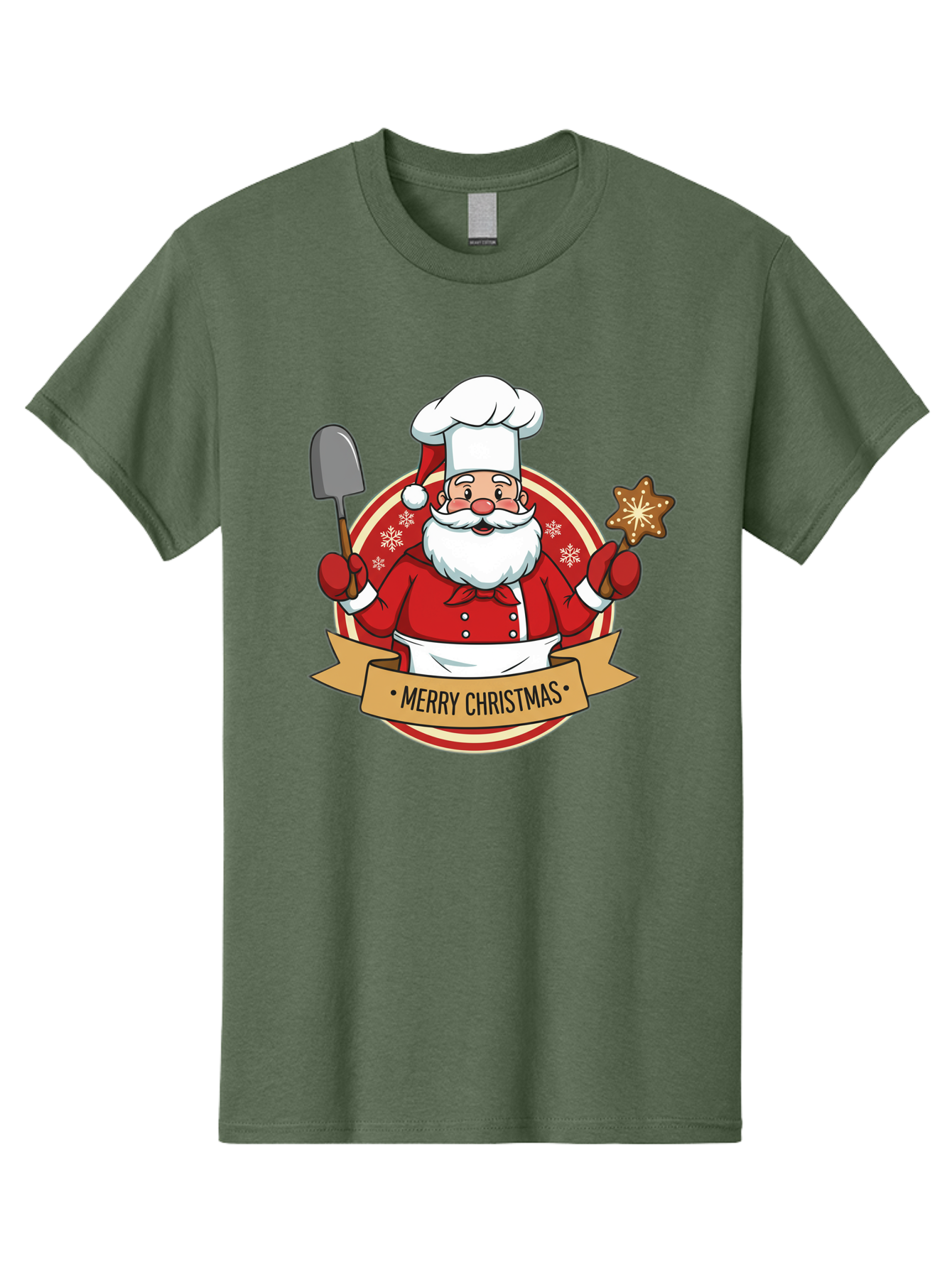 Merry-Christmas-Santa-1 Men'S Graphic Tee, 100% Cotton, Comfortable Casual Summer Wear, Machine Washable, Santa Claus As A Chef, Merry Christmas Banner, Gingerbread Star, Red And White Uniform, Snowflakes, Holiday Baking, Festive Season, Bac186