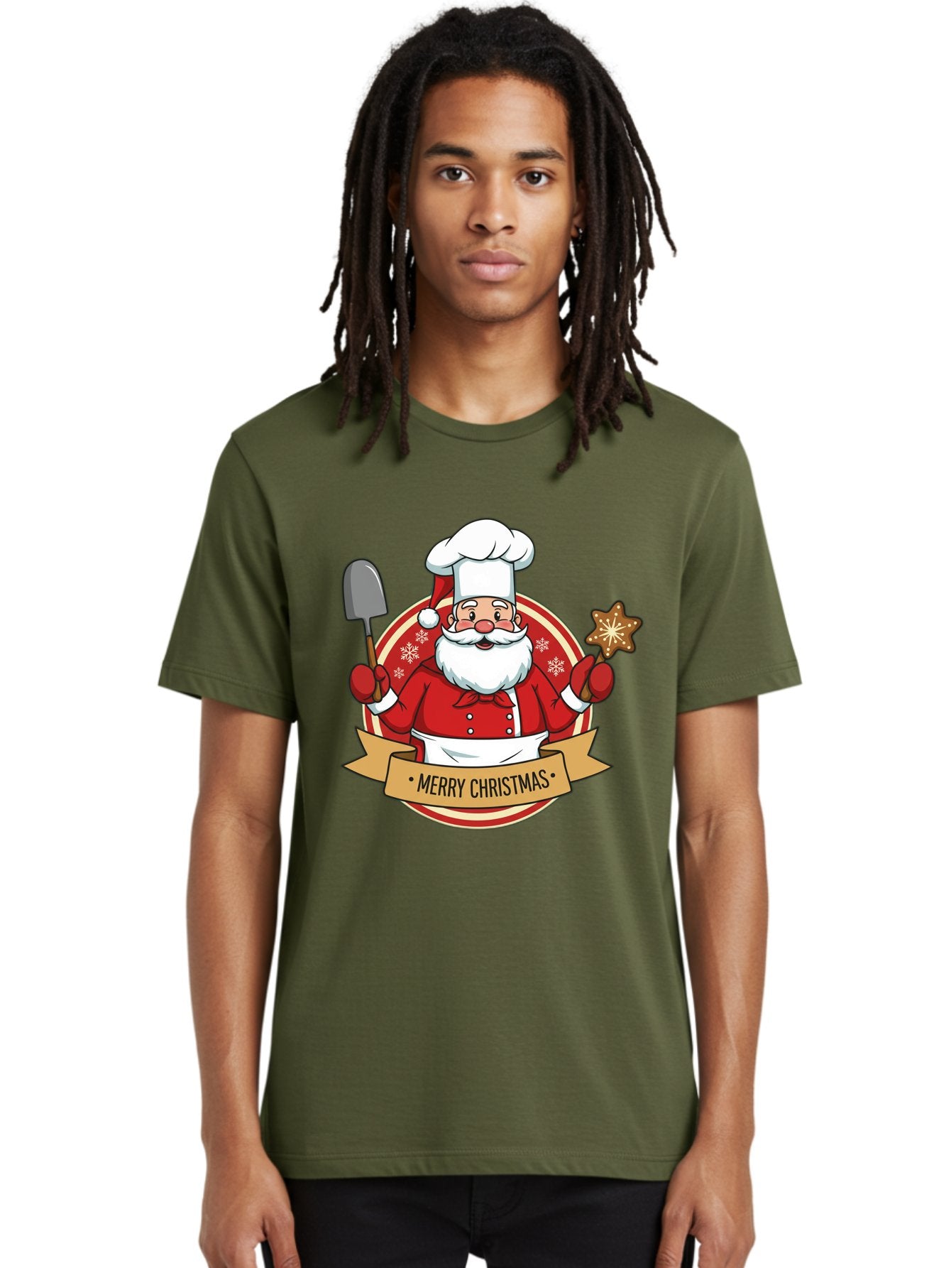 Merry-Christmas-Santa-1 Men'S Graphic Tee, 100% Cotton, Comfortable Casual Summer Wear, Machine Washable, Santa Claus As A Chef, Merry Christmas Banner, Gingerbread Star, Red And White Uniform, Snowflakes, Holiday Baking, Festive Season, Bac186 29