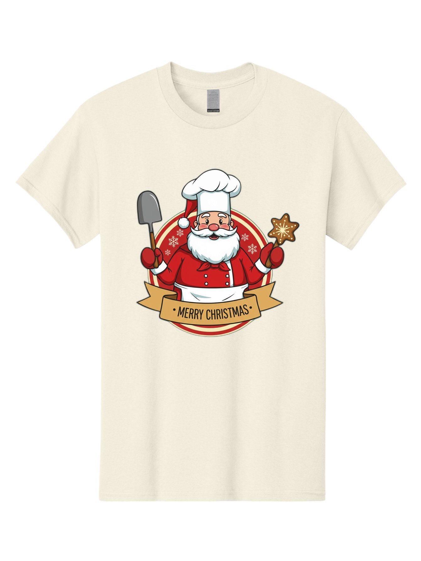 Merry-Christmas-Santa-1 Men'S Graphic Tee, 100% Cotton, Comfortable Casual Summer Wear, Machine Washable, Santa Claus As A Chef, Merry Christmas Banner, Gingerbread Star, Red And White Uniform, Snowflakes, Holiday Baking, Festive Season, Bac186 4
