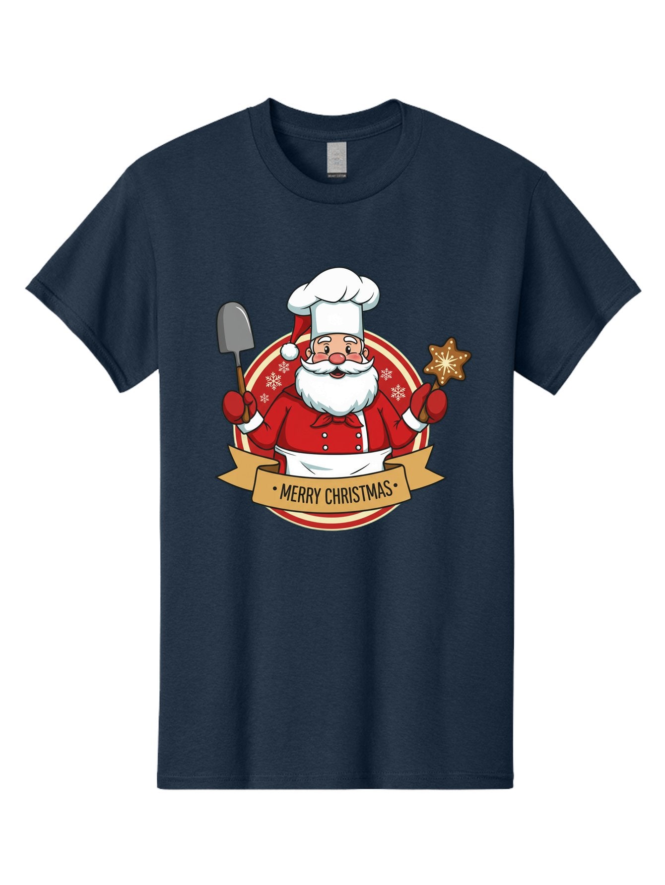 Merry-Christmas-Santa-1 Men'S Graphic Tee, 100% Cotton, Comfortable Casual Summer Wear, Machine Washable, Santa Claus As A Chef, Merry Christmas Banner, Gingerbread Star, Red And White Uniform, Snowflakes, Holiday Baking, Festive Season, Bac186 13