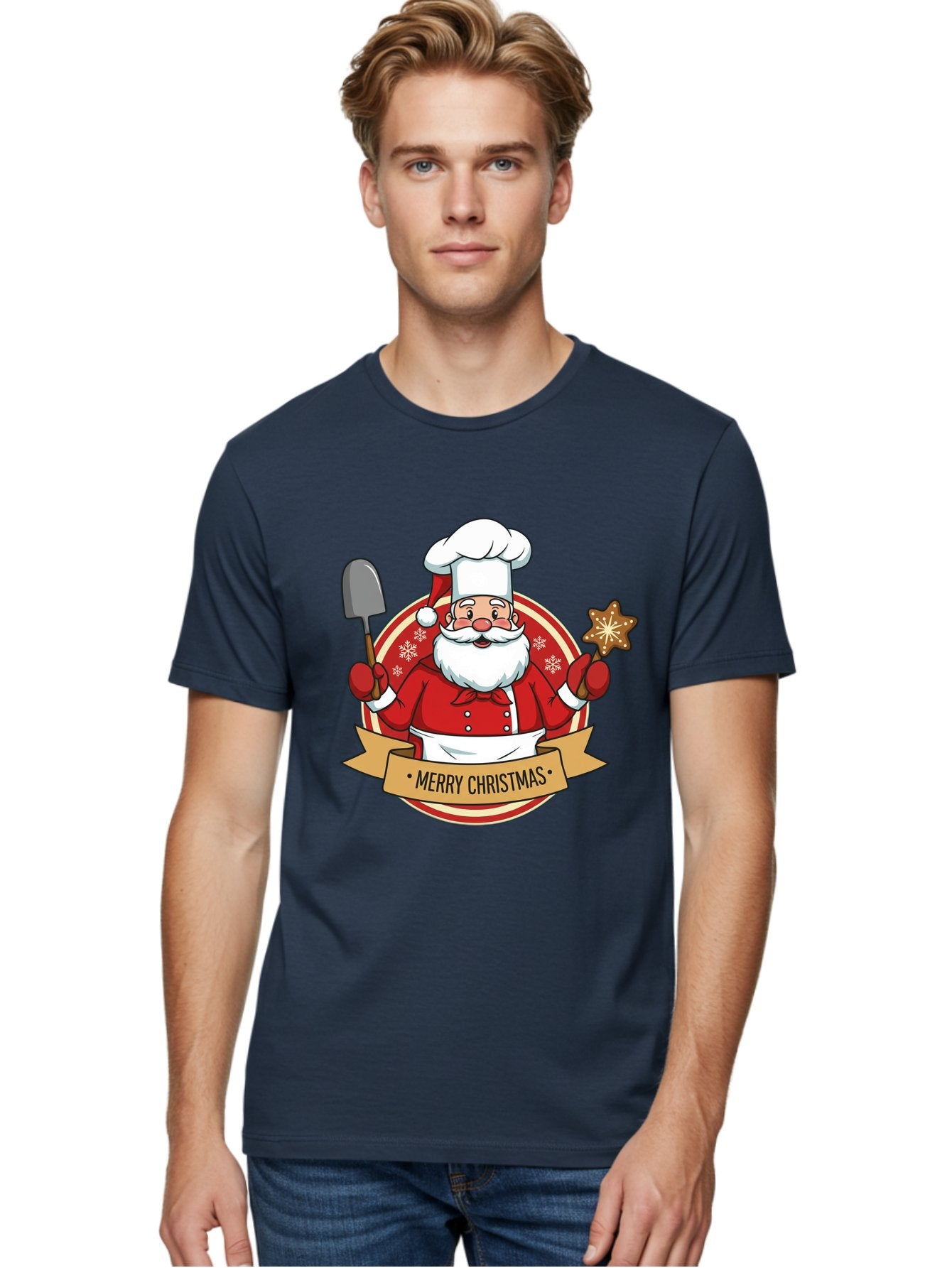 Merry-Christmas-Santa-1 Men'S Graphic Tee, 100% Cotton, Comfortable Casual Summer Wear, Machine Washable, Santa Claus As A Chef, Merry Christmas Banner, Gingerbread Star, Red And White Uniform, Snowflakes, Holiday Baking, Festive Season, Bac186 20