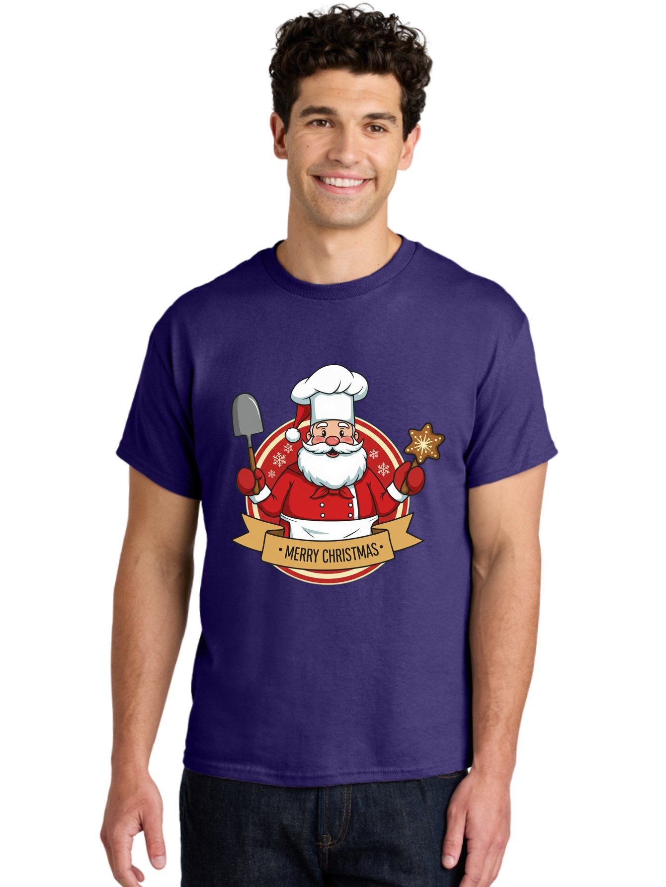 Merry-Christmas-Santa-1 Men'S Graphic Tee, 100% Cotton, Comfortable Casual Summer Wear, Machine Washable, Santa Claus As A Chef, Merry Christmas Banner, Gingerbread Star, Red And White Uniform, Snowflakes, Holiday Baking, Festive Season, Bac186 23