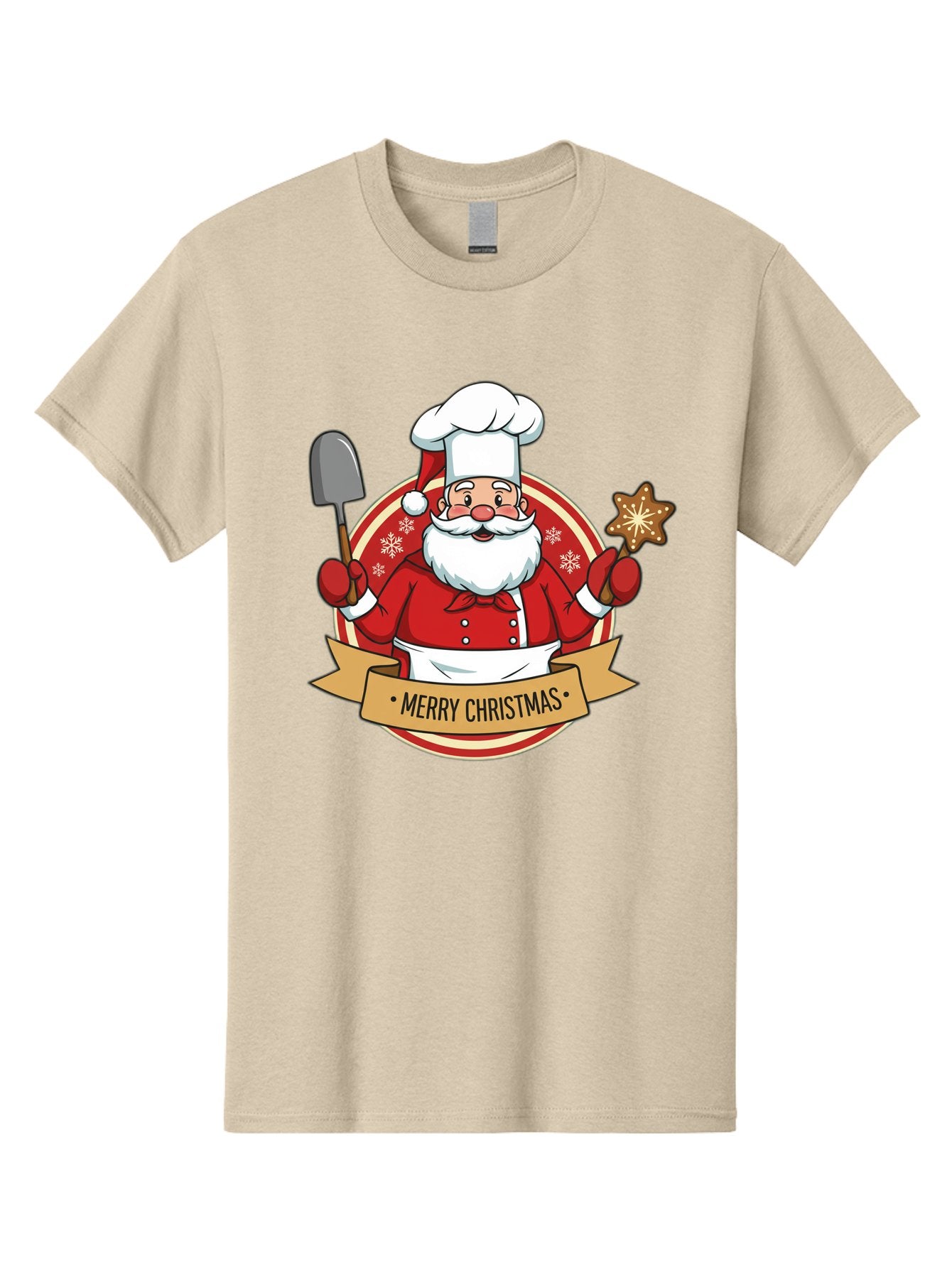 Merry-Christmas-Santa-1 Men'S Graphic Tee, 100% Cotton, Comfortable Casual Summer Wear, Machine Washable, Santa Claus As A Chef, Merry Christmas Banner, Gingerbread Star, Red And White Uniform, Snowflakes, Holiday Baking, Festive Season, Bac186 10