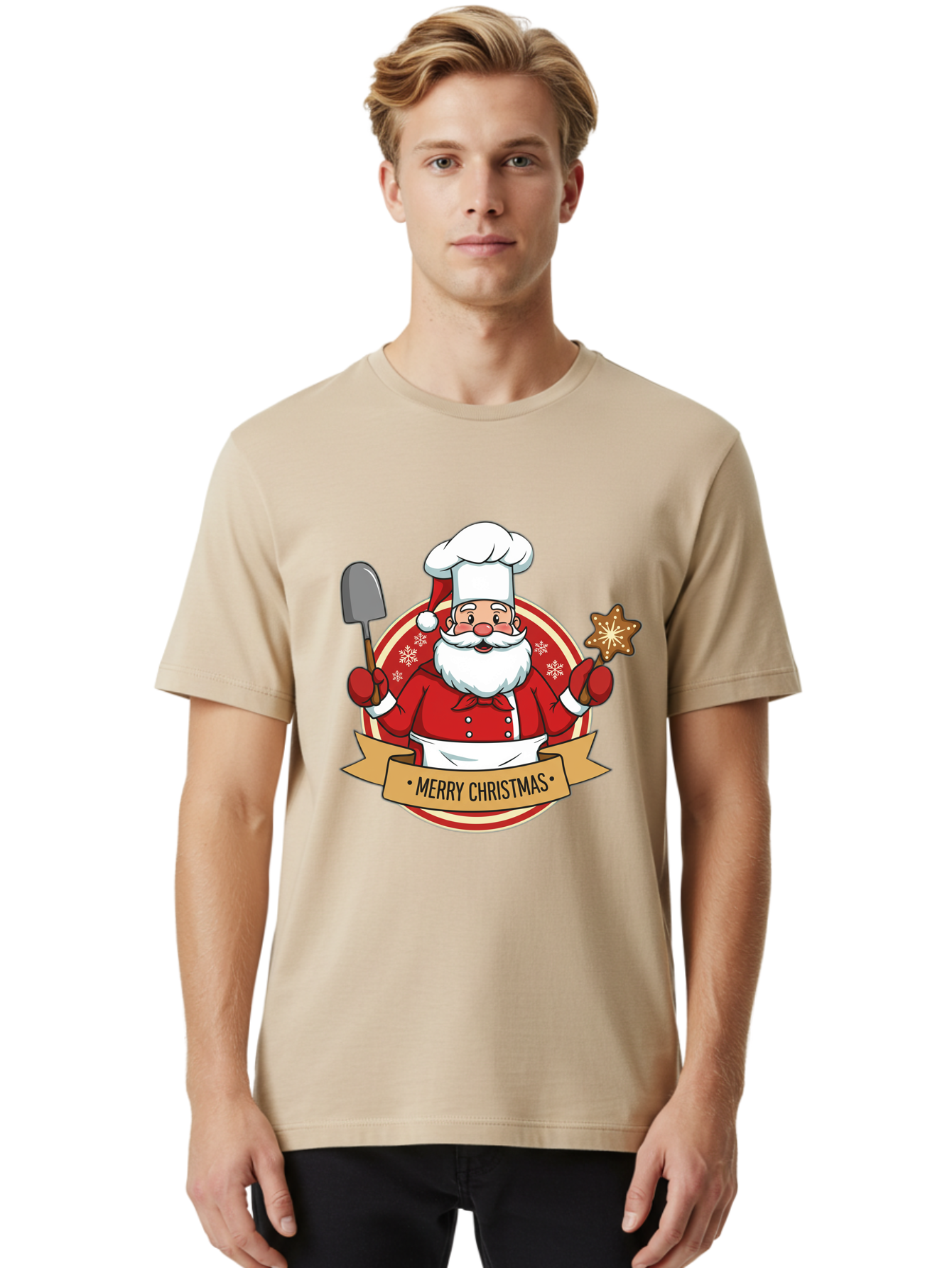 Merry-Christmas-Santa-1 Men'S Graphic Tee, 100% Cotton, Comfortable Casual Summer Wear, Machine Washable, Santa Claus As A Chef, Merry Christmas Banner, Gingerbread Star, Red And White Uniform, Snowflakes, Holiday Baking, Festive Season, Bac186 29