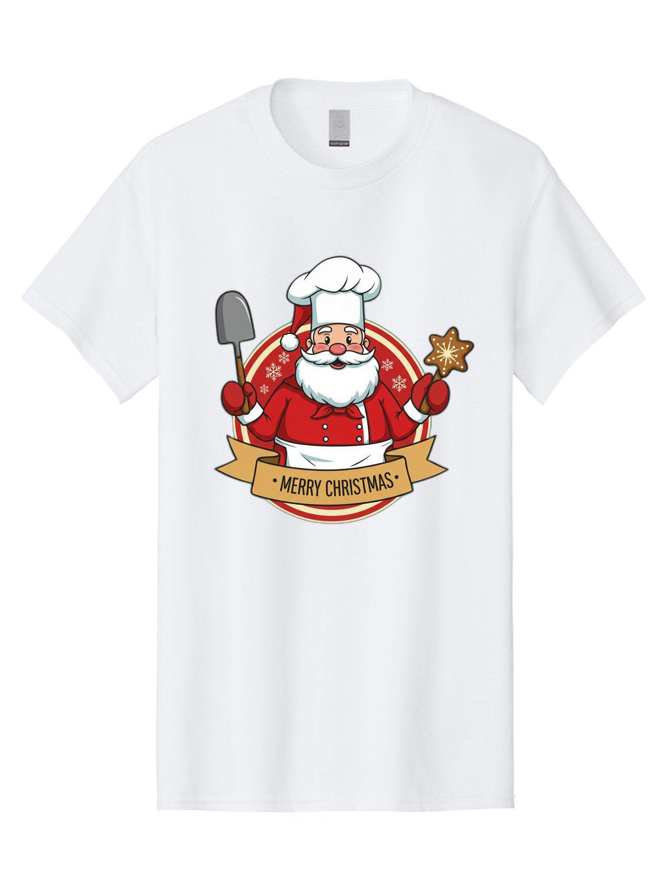 Merry-Christmas-Santa-1 Men'S Graphic Tee, 100% Cotton, Comfortable Casual Summer Wear, Machine Washable, Santa Claus As A Chef, Merry Christmas Banner, Gingerbread Star, Red And White Uniform, Snowflakes, Holiday Baking, Festive Season, Bac186
