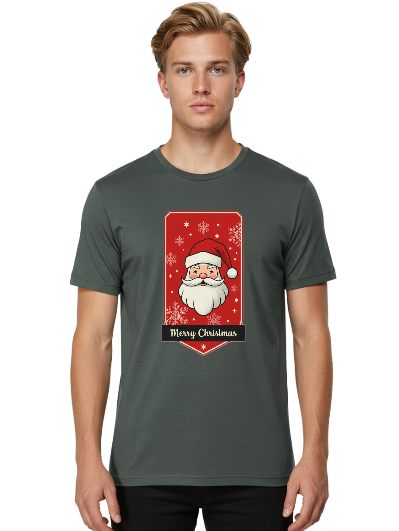 Merry-Christmas-Santa Men'S Graphic Tee, 100% Cotton, Comfortable Casual Summer Wear, Machine Washable, Christmas Badge, Merry Christmas, Santa Claus, Festive Design, Holiday Greeting, Cartoon Santa, Red And White, Snowflakes, Bac187 23