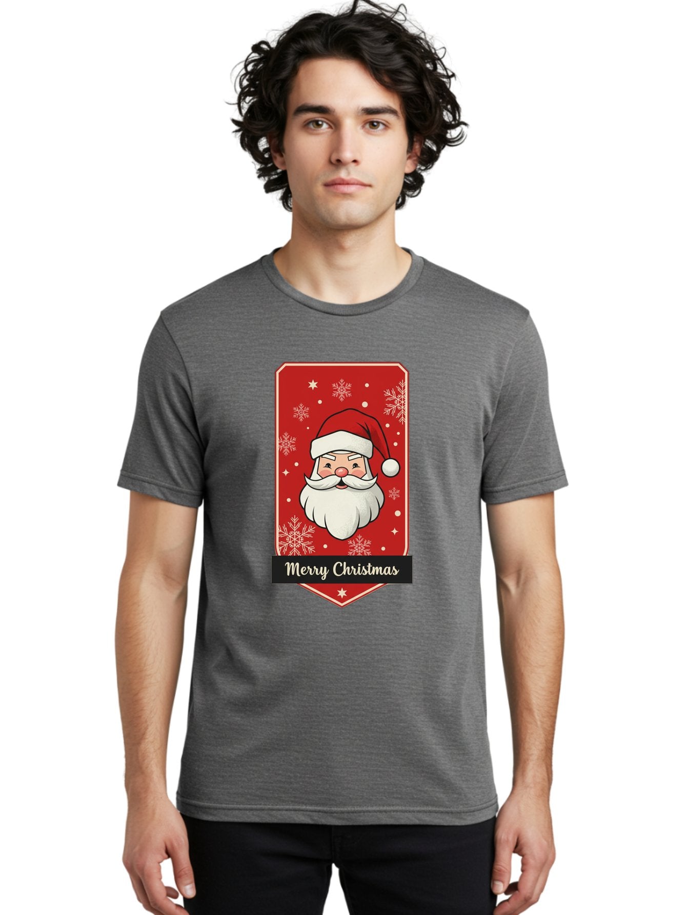 Merry-Christmas-Santa Men'S Graphic Tee, 100% Cotton, Comfortable Casual Summer Wear, Machine Washable, Christmas Badge, Merry Christmas, Santa Claus, Festive Design, Holiday Greeting, Cartoon Santa, Red And White, Snowflakes, Bac187 18