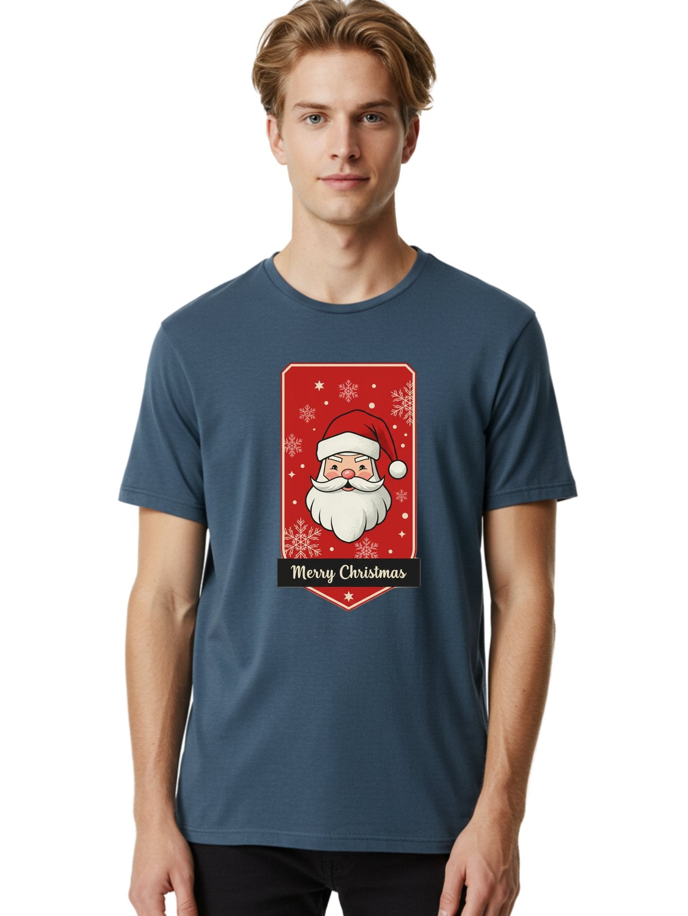 Merry-Christmas-Santa Men'S Graphic Tee, 100% Cotton, Comfortable Casual Summer Wear, Machine Washable, Christmas Badge, Merry Christmas, Santa Claus, Festive Design, Holiday Greeting, Cartoon Santa, Red And White, Snowflakes, Bac187 29