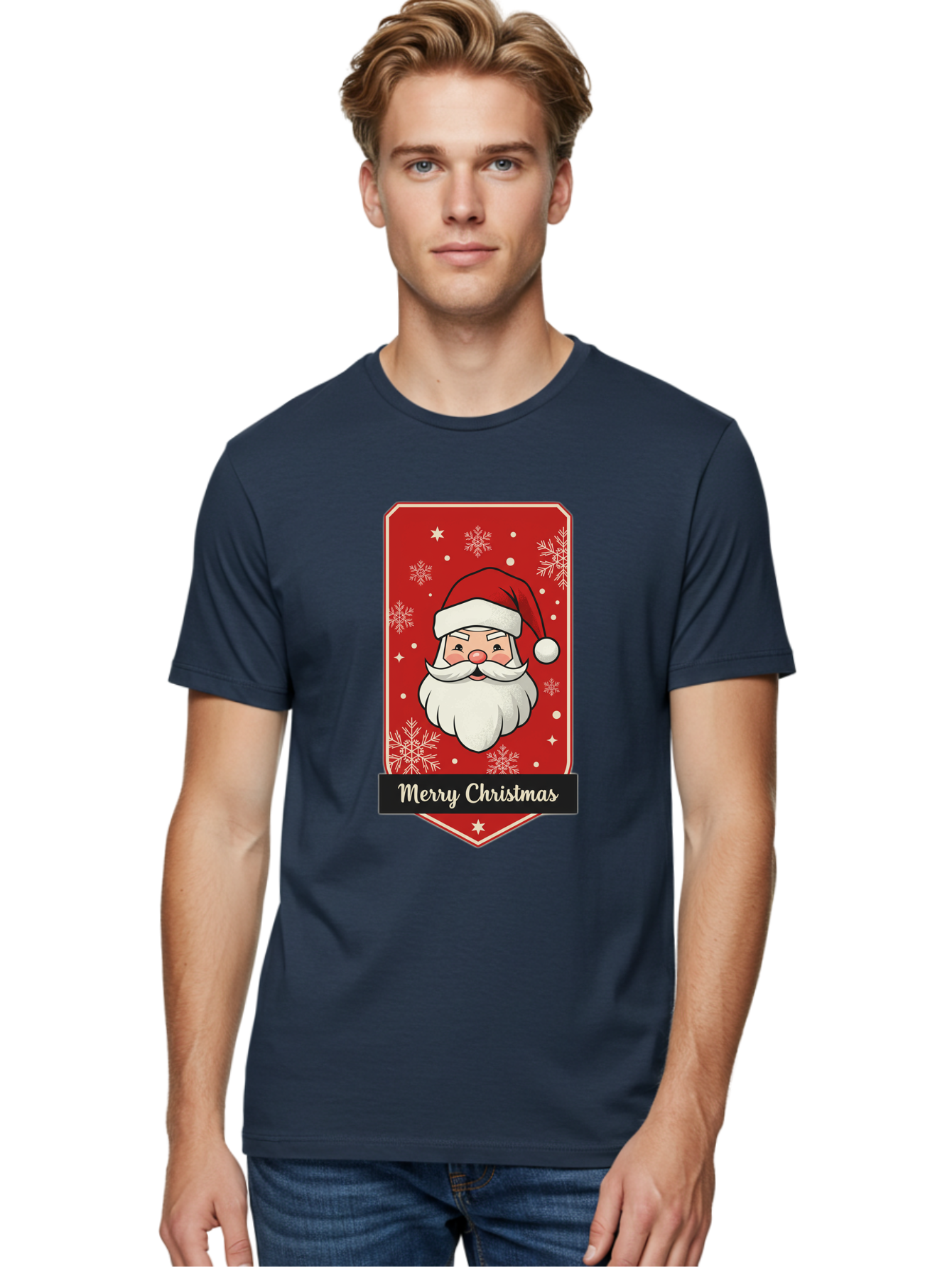 Merry-Christmas-Santa Men'S Graphic Tee, 100% Cotton, Comfortable Casual Summer Wear, Machine Washable, Christmas Badge, Merry Christmas, Santa Claus, Festive Design, Holiday Greeting, Cartoon Santa, Red And White, Snowflakes, Bac187 24