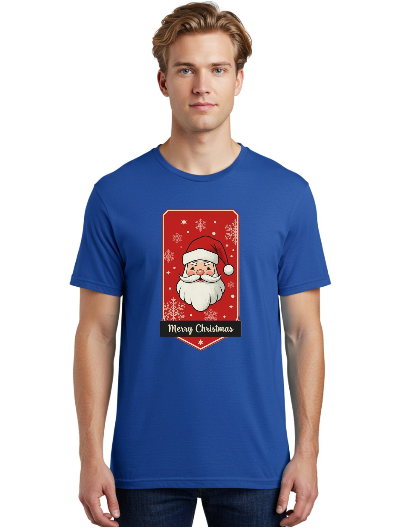 Merry-Christmas-Santa Men'S Graphic Tee, 100% Cotton, Comfortable Casual Summer Wear, Machine Washable, Christmas Badge, Merry Christmas, Santa Claus, Festive Design, Holiday Greeting, Cartoon Santa, Red And White, Snowflakes, Bac187 25