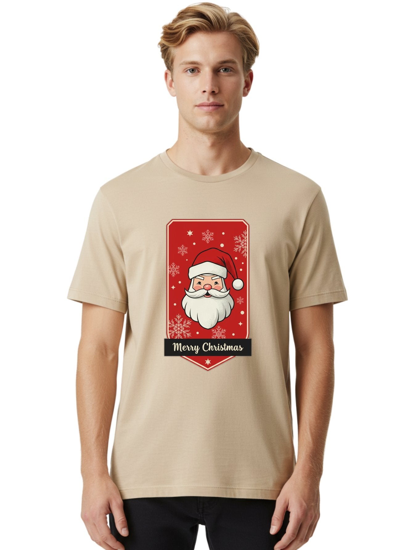 Merry-Christmas-Santa Men'S Graphic Tee, 100% Cotton, Comfortable Casual Summer Wear, Machine Washable, Christmas Badge, Merry Christmas, Santa Claus, Festive Design, Holiday Greeting, Cartoon Santa, Red And White, Snowflakes, Bac187 19